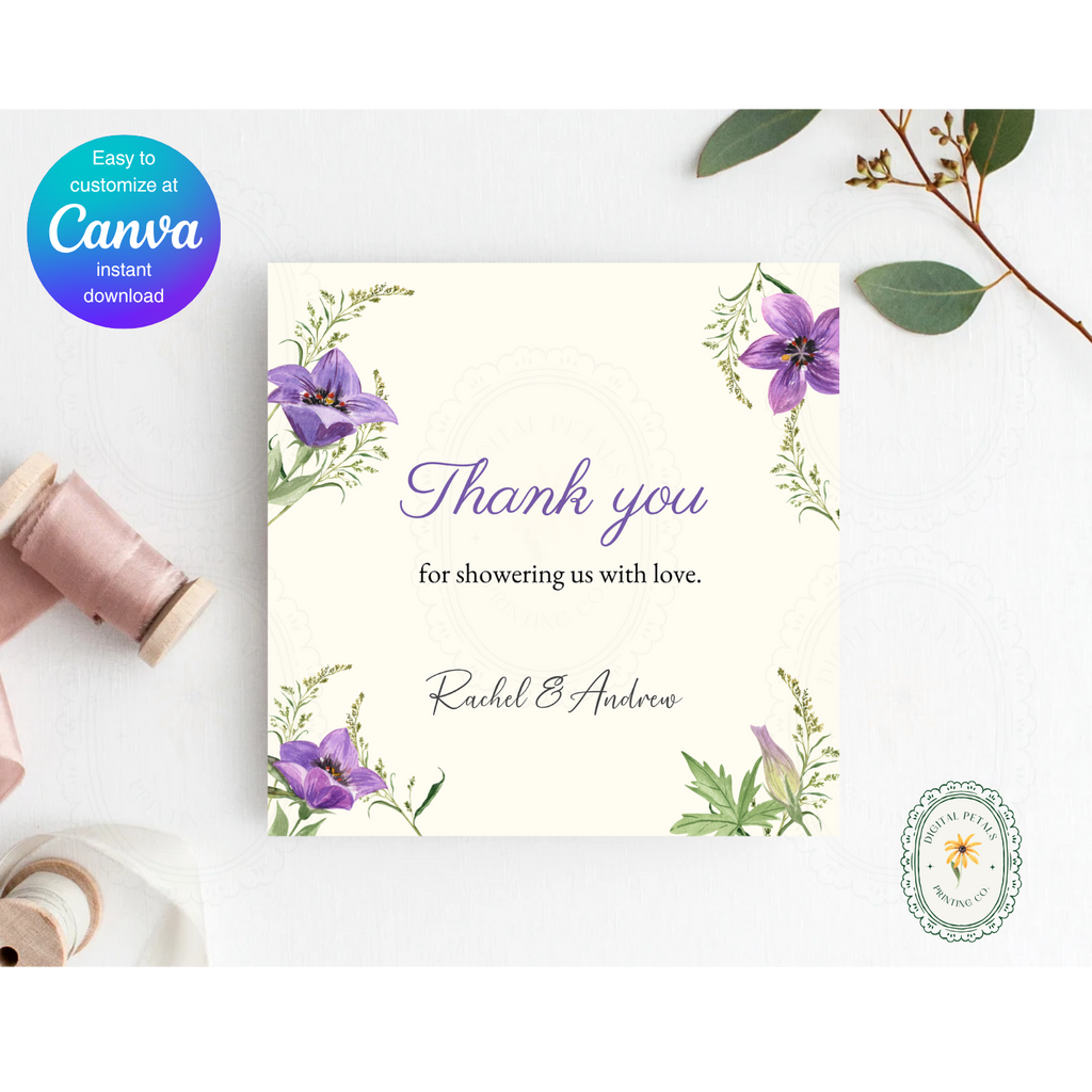 Violet & Periwinkle Wildflower Thank You Card Template | Editable Canva Digital Download