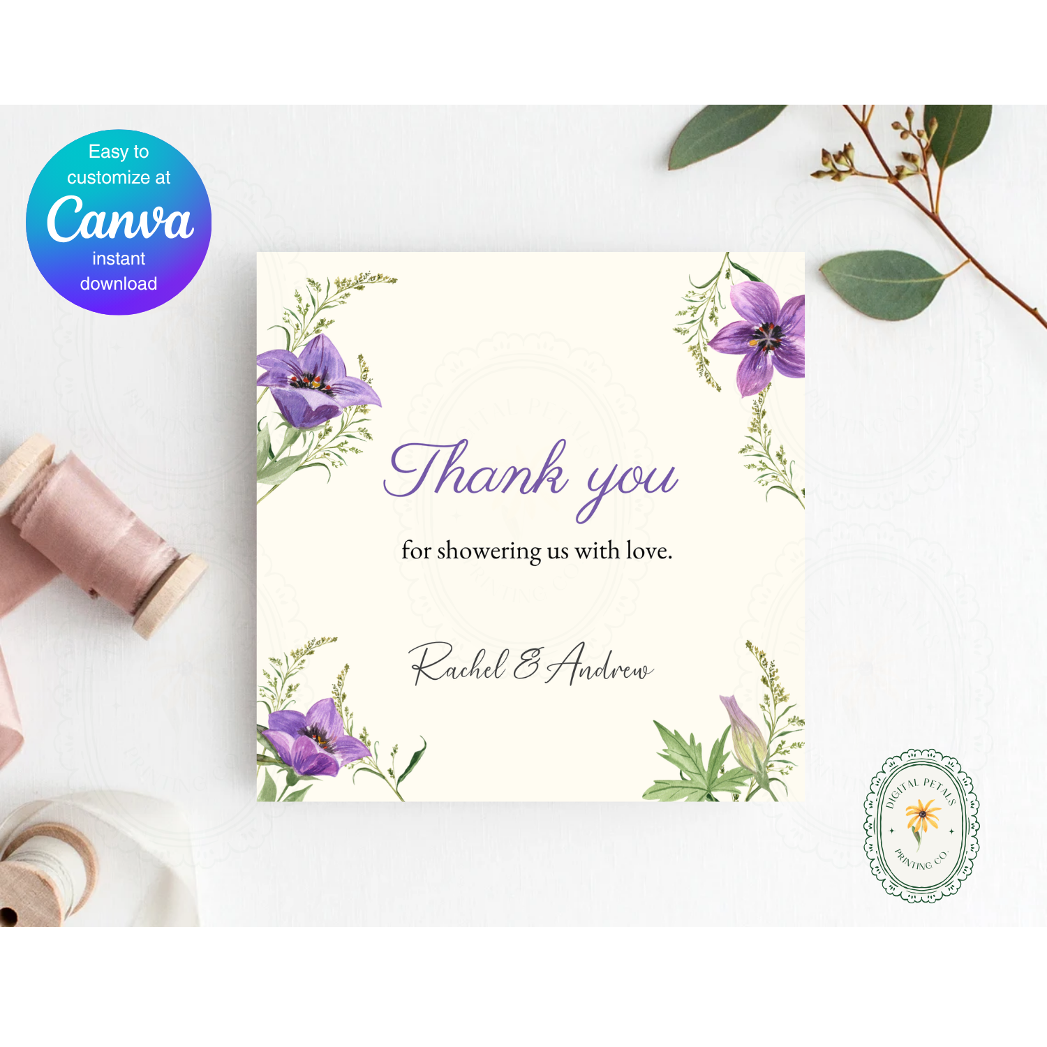 Violet & Periwinkle Wildflower Thank You Card Template | Editable Canva Digital Download