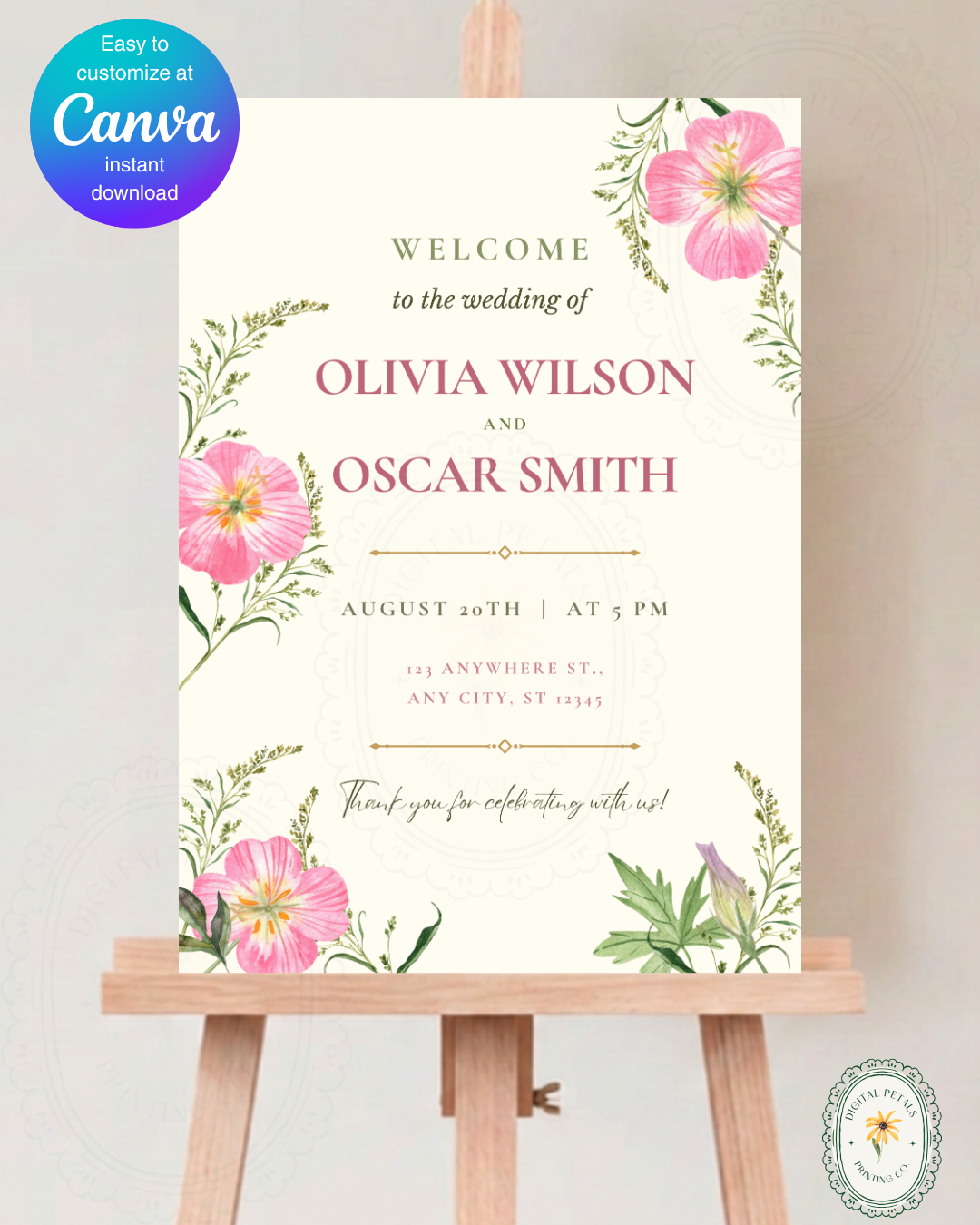 Dusty Rose & Blush Pink Wildflower Wedding Welcome Sign | Editable Canva Template | Digital Download