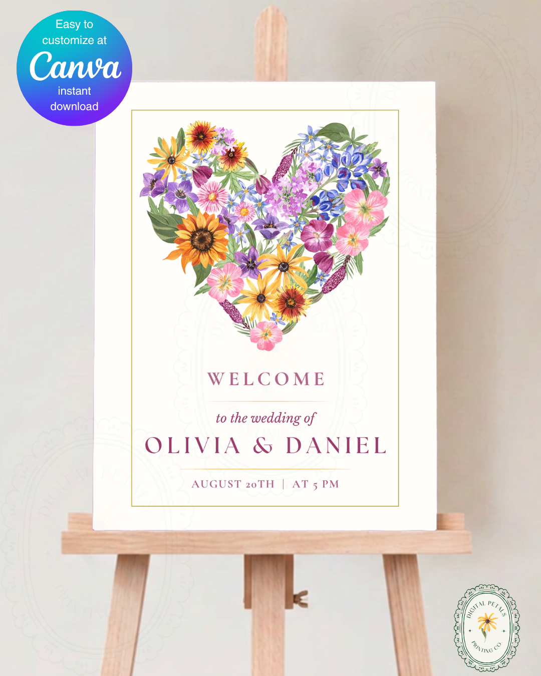 Boho Wildflower Heart Wedding Welcome Sign | Editable Canva Template | Instant Digital Download
