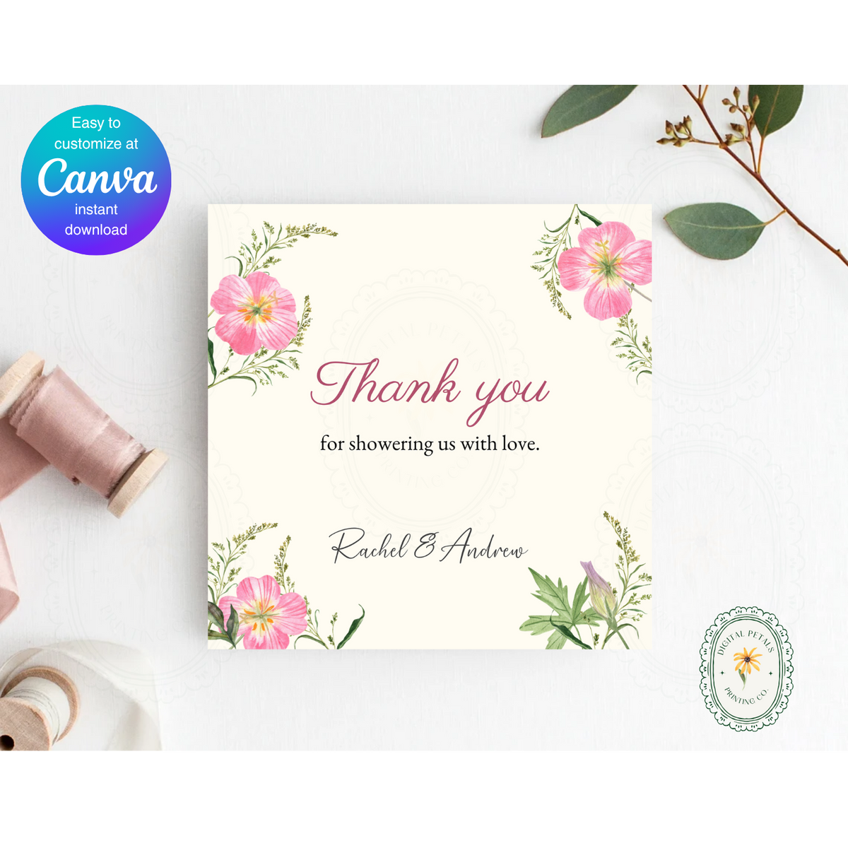 Dusty Rose & Blush Wildflower Thank You Card Template | Editable Canva Digital Download