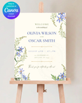 Powder Blue Wildflower Wedding Welcome Sign | Editable Canva Template | Digital Download