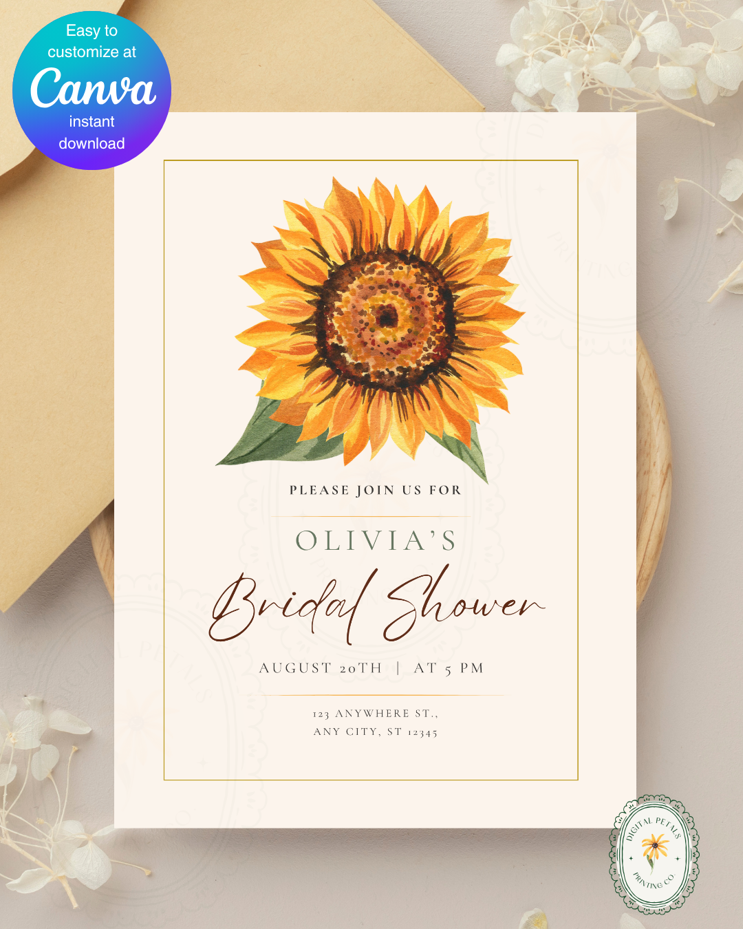 Terracotta & Rust Sunflower Bridal Shower Invitation — Editable Digital Download Template