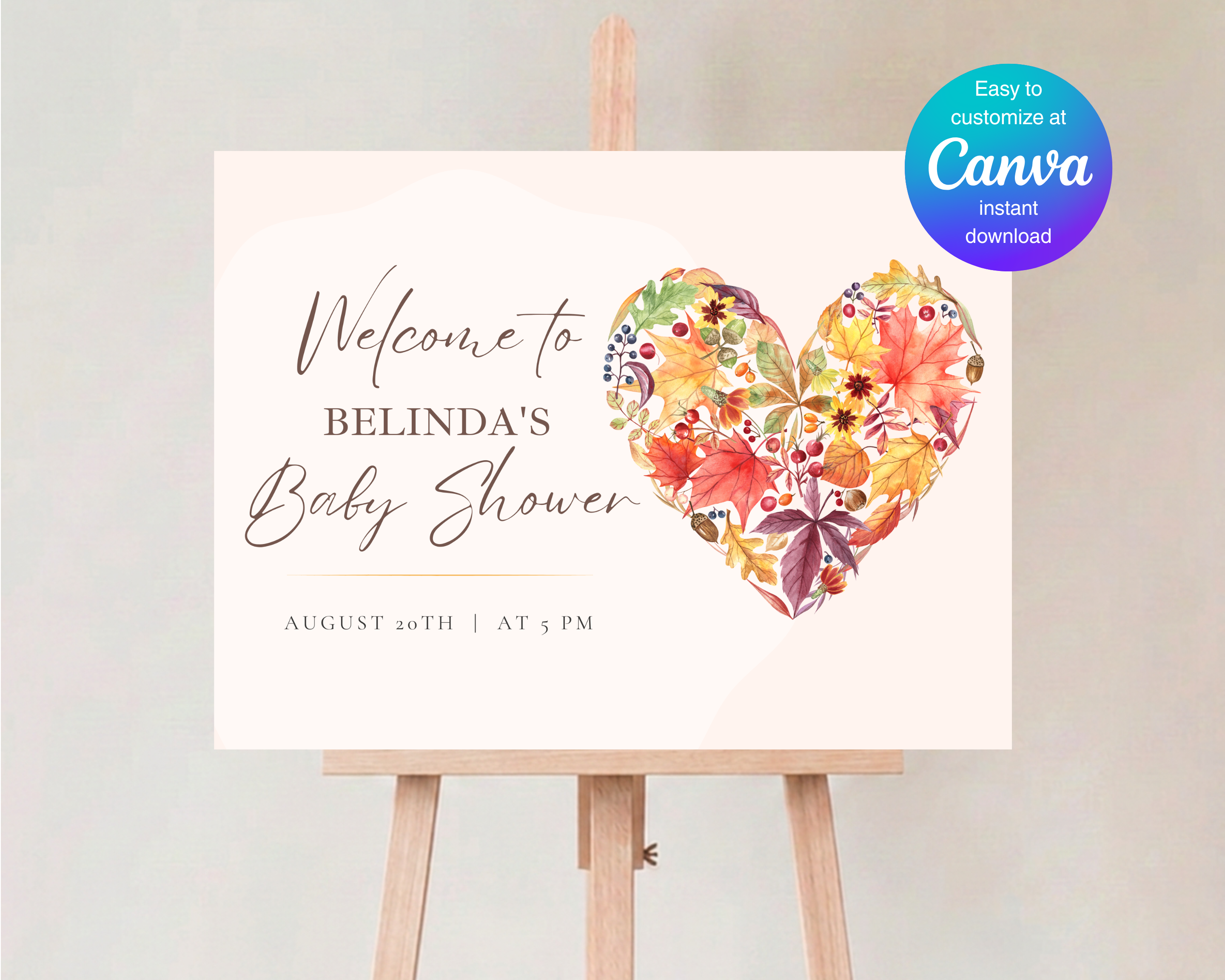Fall Wildflower Baby Shower Welcome Sign | Boho Heart Border | Editable Canva Digital Download | Print at Home