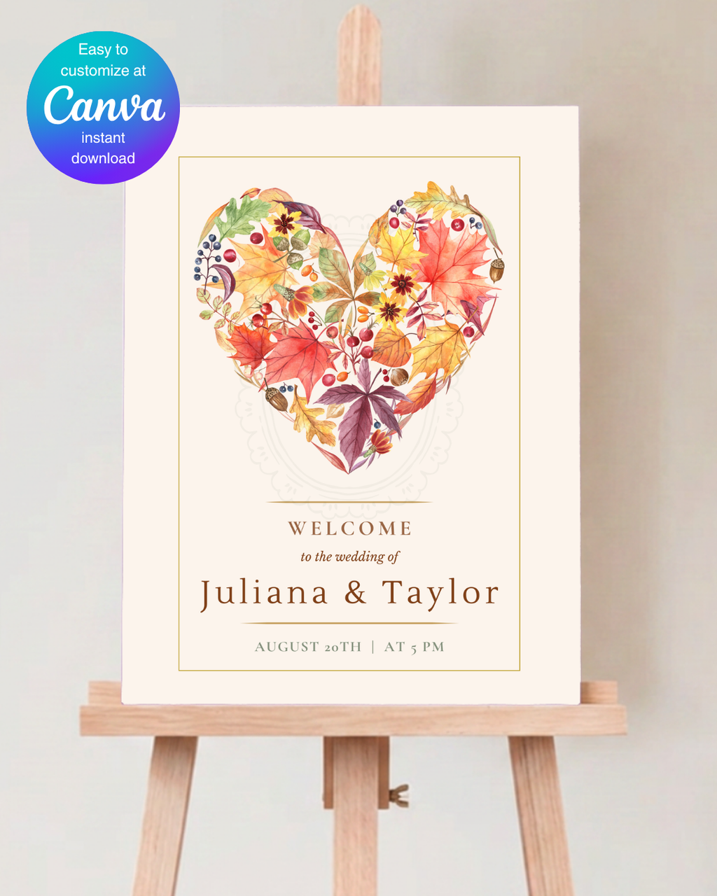 Terracotta & Rust Fall Heart Wedding Welcome Sign | Editable Canva Template | Instant Digital Download