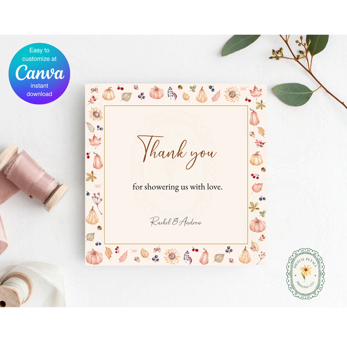 Autumn Harvest Wildflower Thank You Card Template | Editable Canva Digital Download
