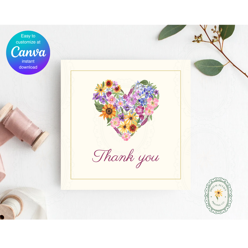 Lavender & Cream Spring Heart Thank You Card Template | Editable Canva Digital Download