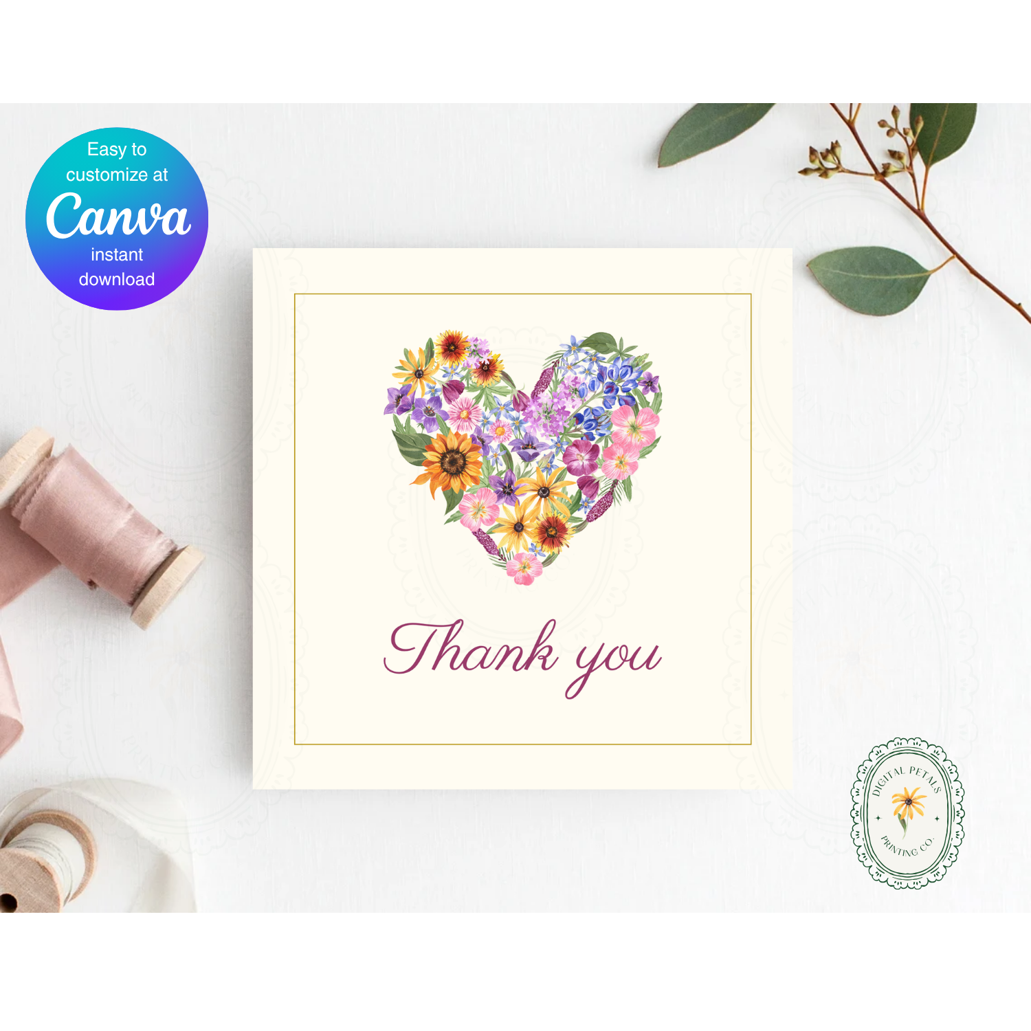 Lavender & Cream Spring Heart Thank You Card Template | Editable Canva Digital Download