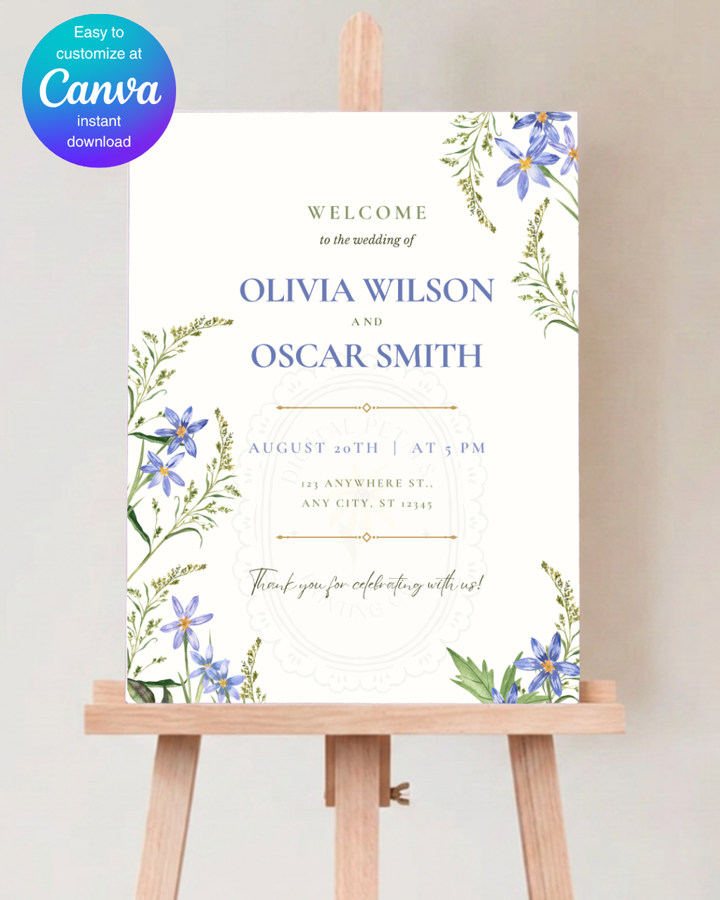 Blue Wildflower Wedding Welcome Sign | Editable Canva Template | Digital Download