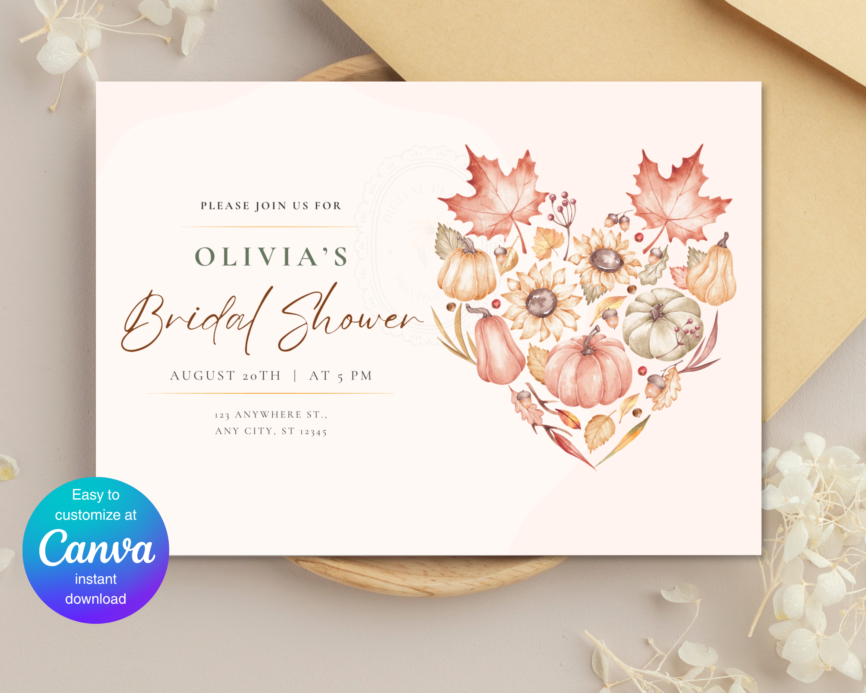 Autumn Maple Leaves Fall Bridal Shower Invitation | Printable Landscape Template | Digital Download