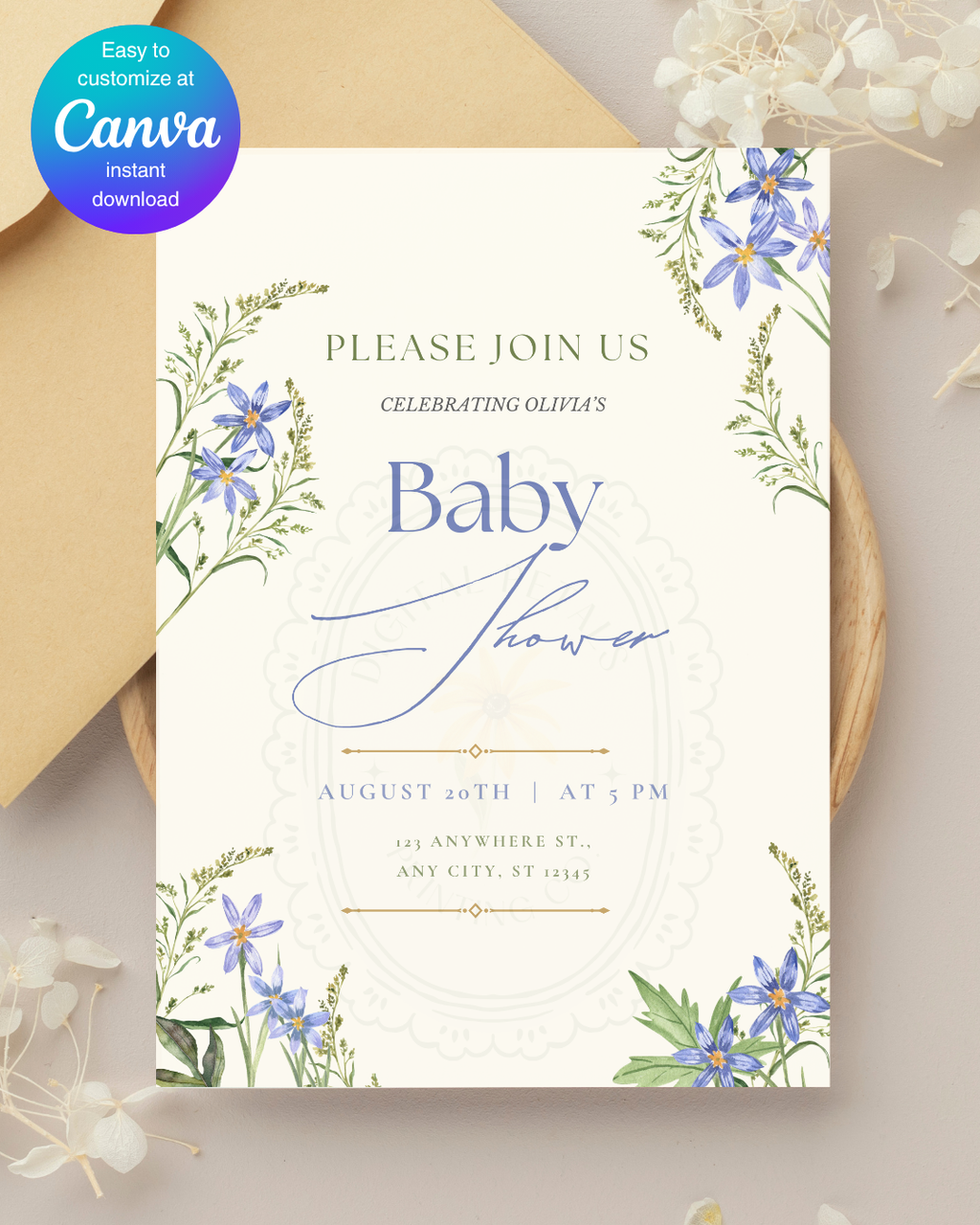 Powder Blue Wildflower Baby Shower Invitation | Minimalist Printable Invite | Digital Download