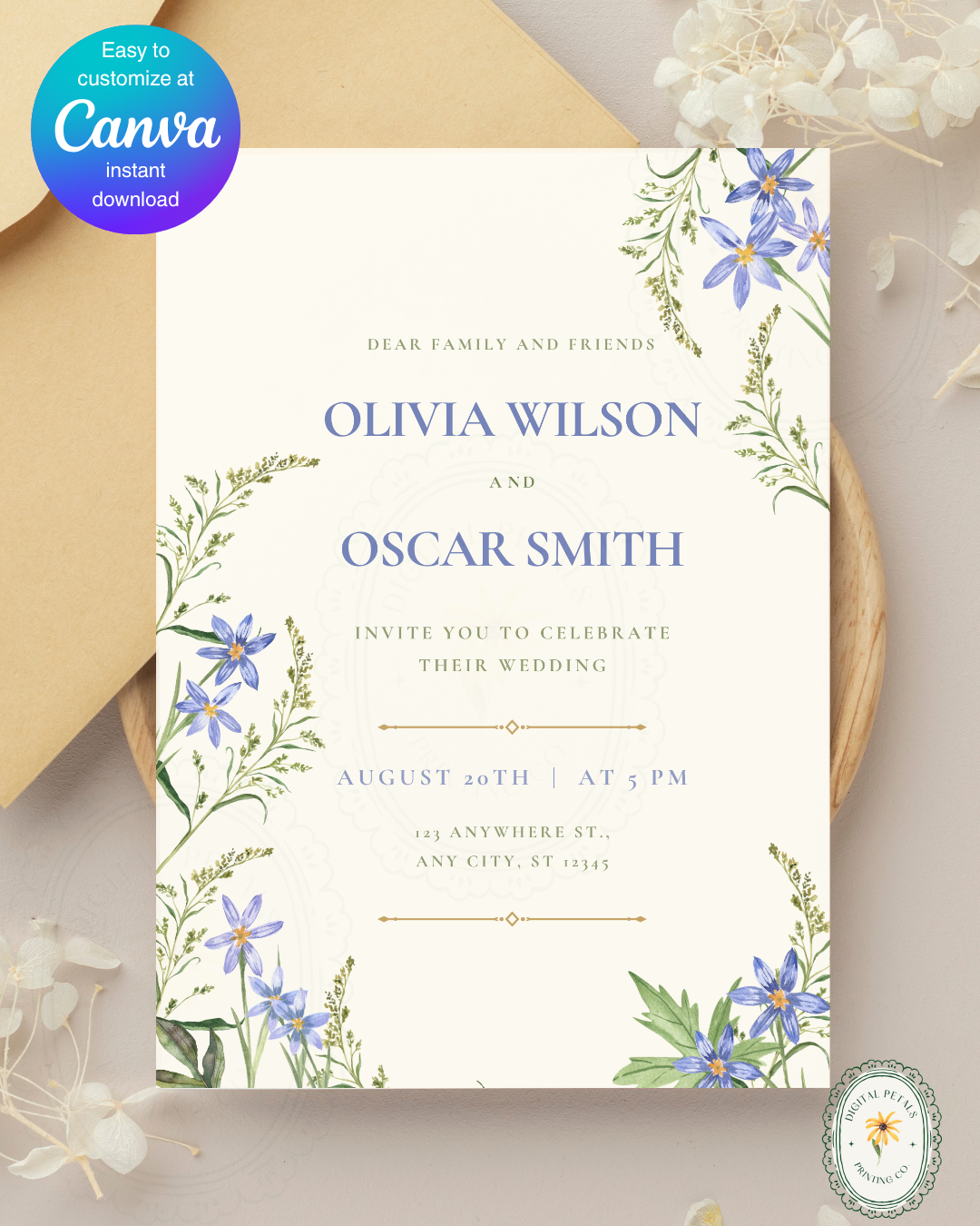 Powder Blue Wildflower Wedding Invitation | Minimalist Printable Invite | Digital Download