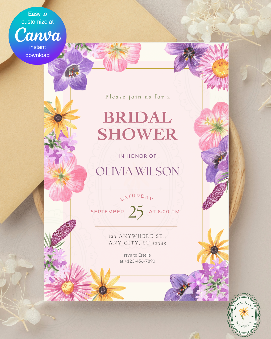Wildflower Cottagecore Bridal Shower Invitation | Editable Canva Template, Floral Spring Botanical