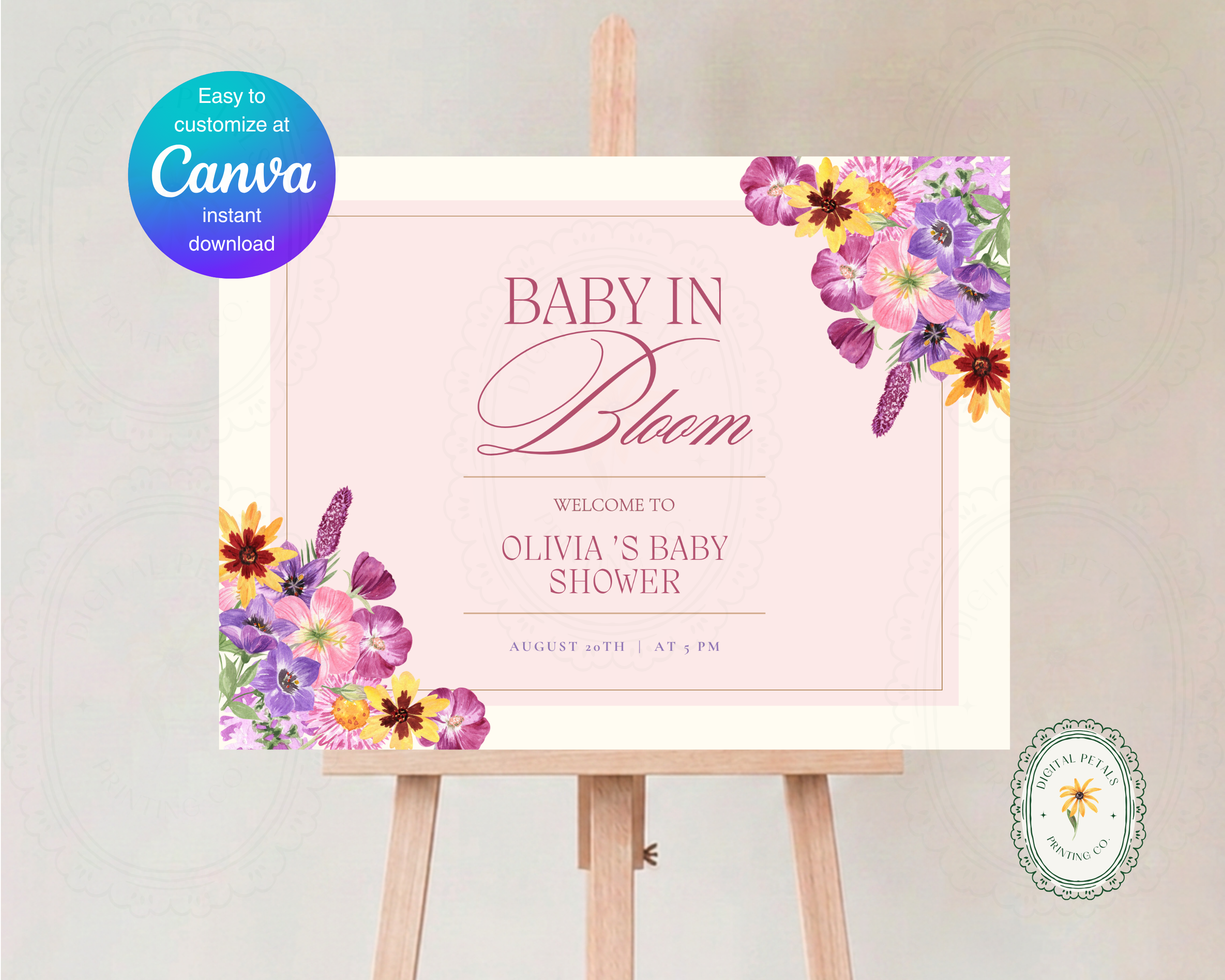 Baby in Bloom Spring Baby Shower Welcome Sign | Floral Canva Template | Editable Digital Download