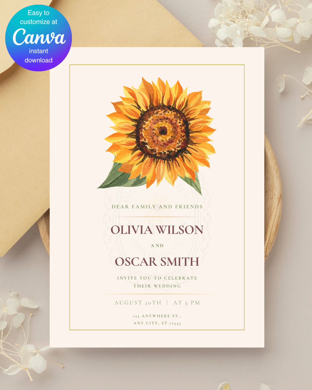 Terracotta & Rust Sunflower Wedding Invitation — Editable Digital Download Template