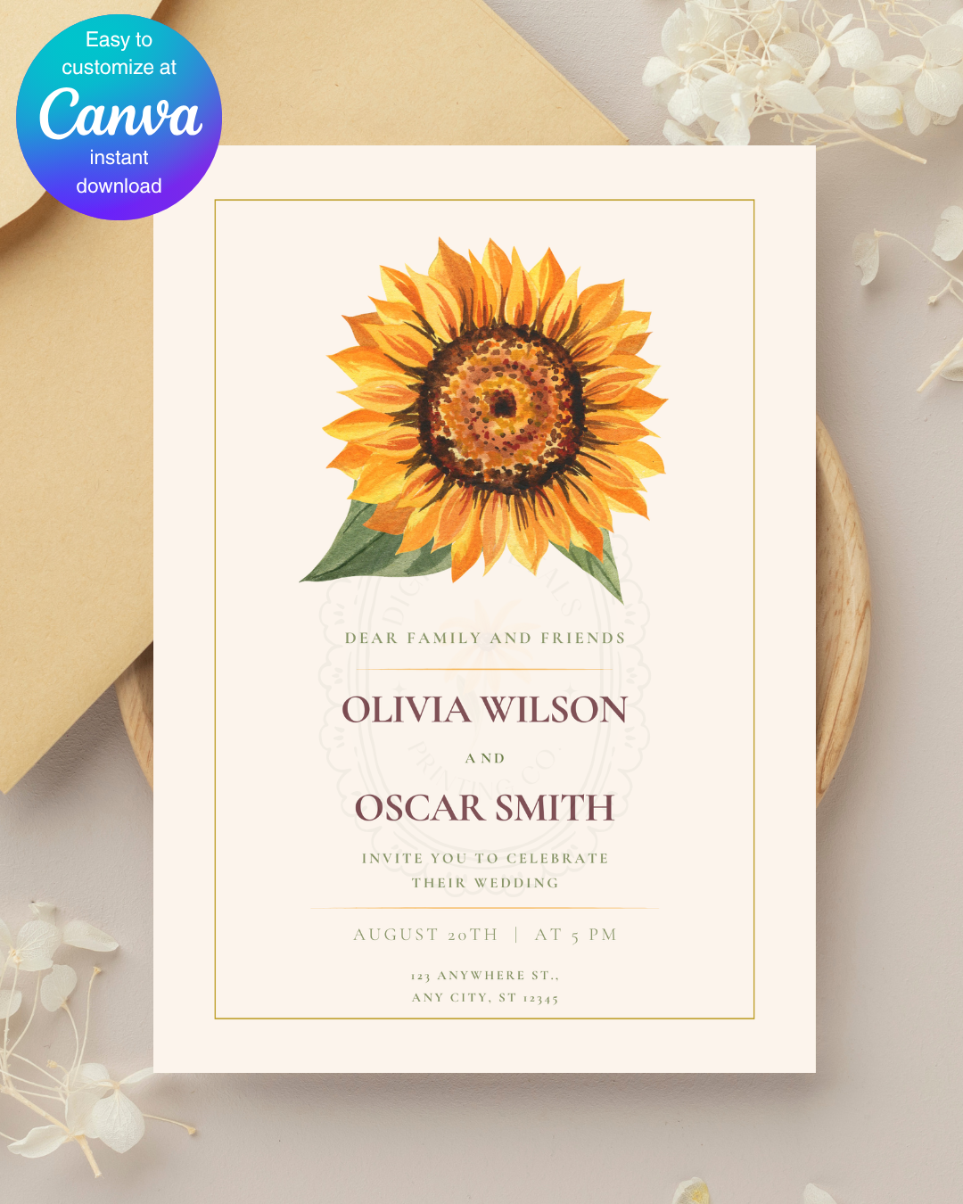 Terracotta & Rust Sunflower Wedding Invitation — Editable Digital Download Template