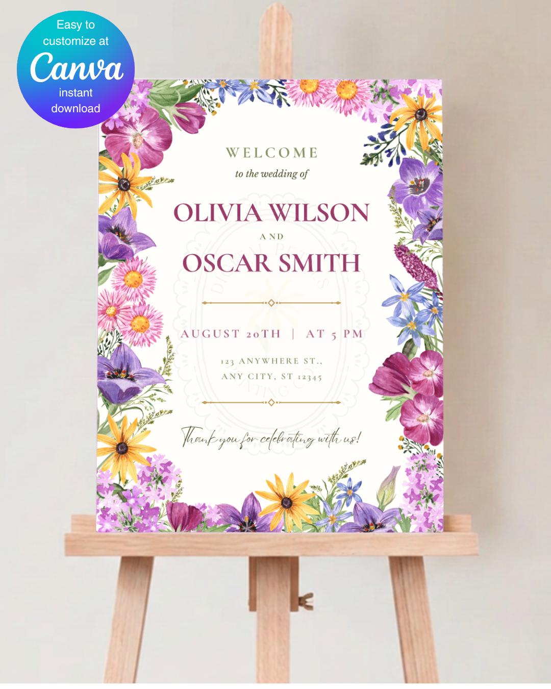 Wedding Welcome Sign Printable | Colorful Wildflower Canva Template | Digital Download