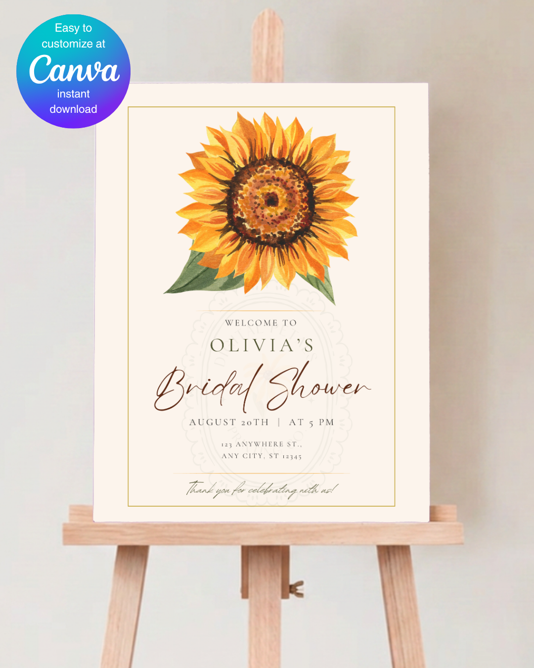 Sunflower Bridal Shower Welcome Sign | Editable Canva Template | Digital Download