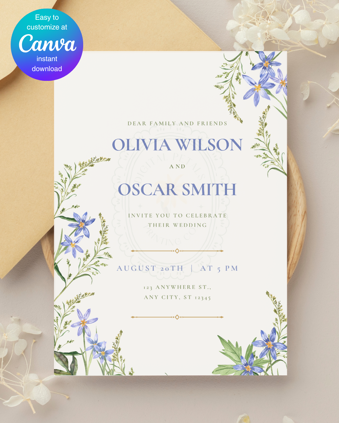 Blue Wildflower Wedding Invitation | Minimalist Printable Invite | Digital Download