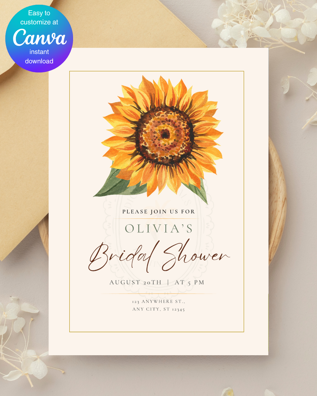 Terracotta & Rust Sunflower Bridal Shower Invitation — Editable Digital Download Template