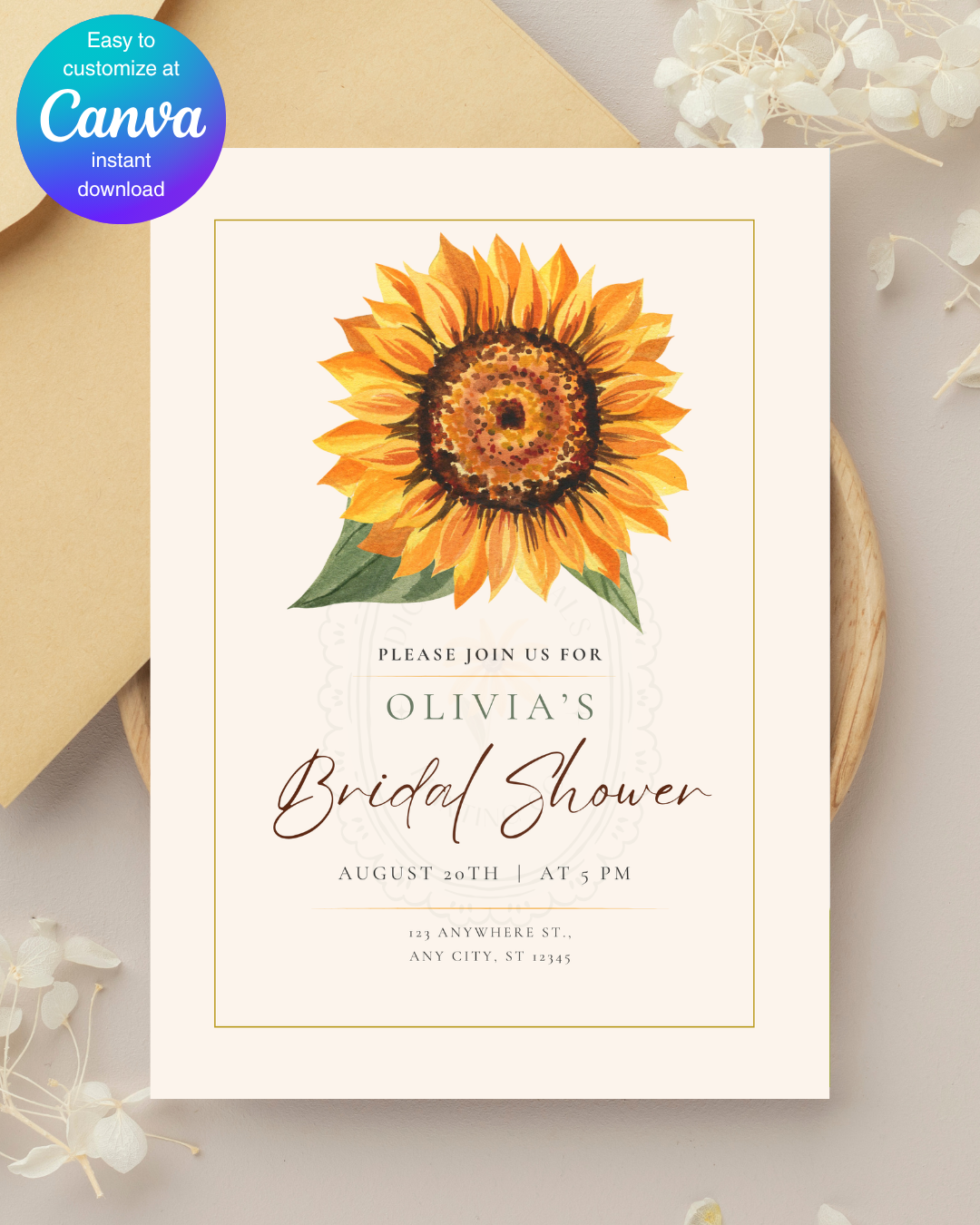 Terracotta & Rust Sunflower Bridal Shower Invitation — Editable Digital Download Template