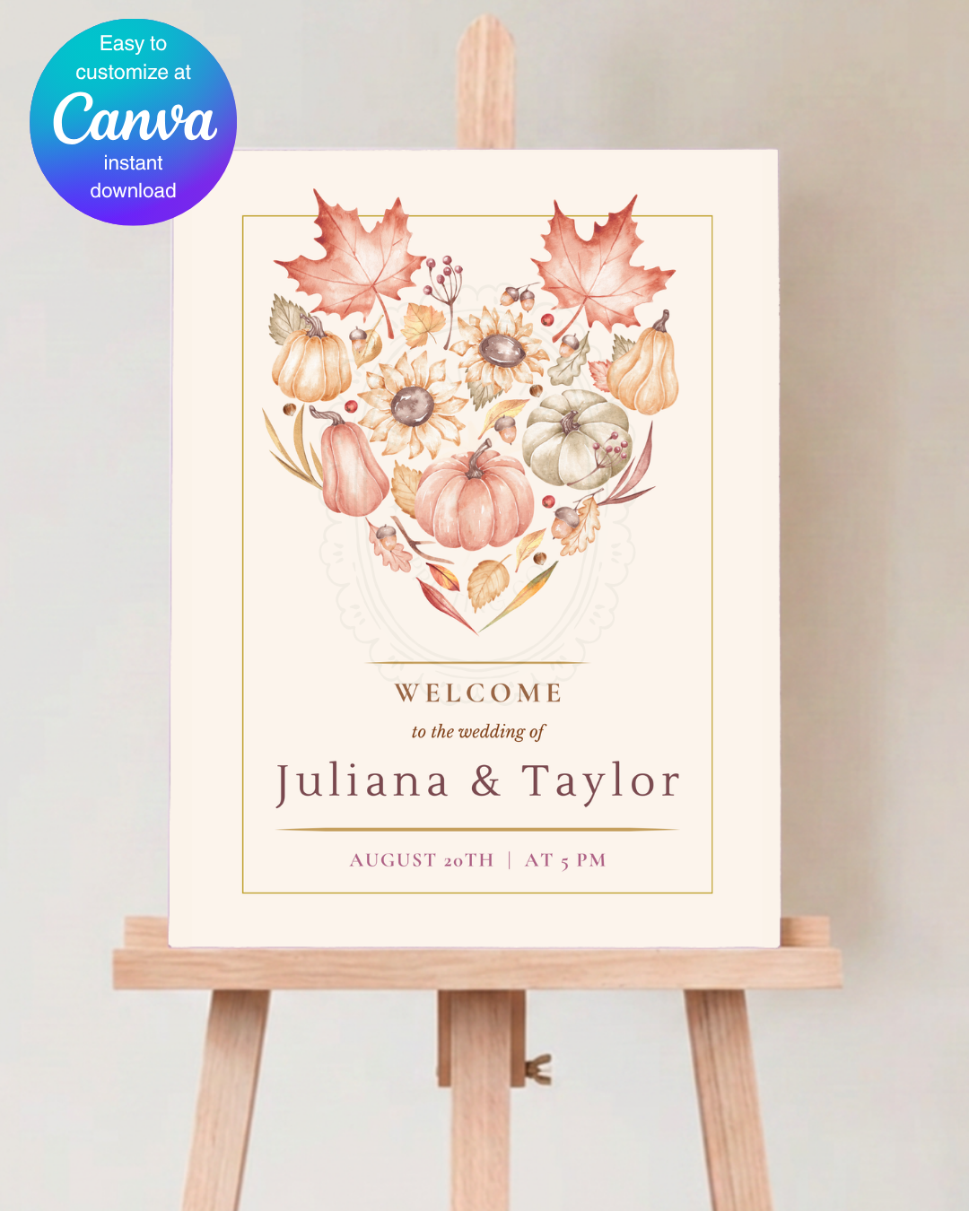 Burgundy Fall Leaves Watercolor Wedding Welcome Sign Template | Editable Digital Download