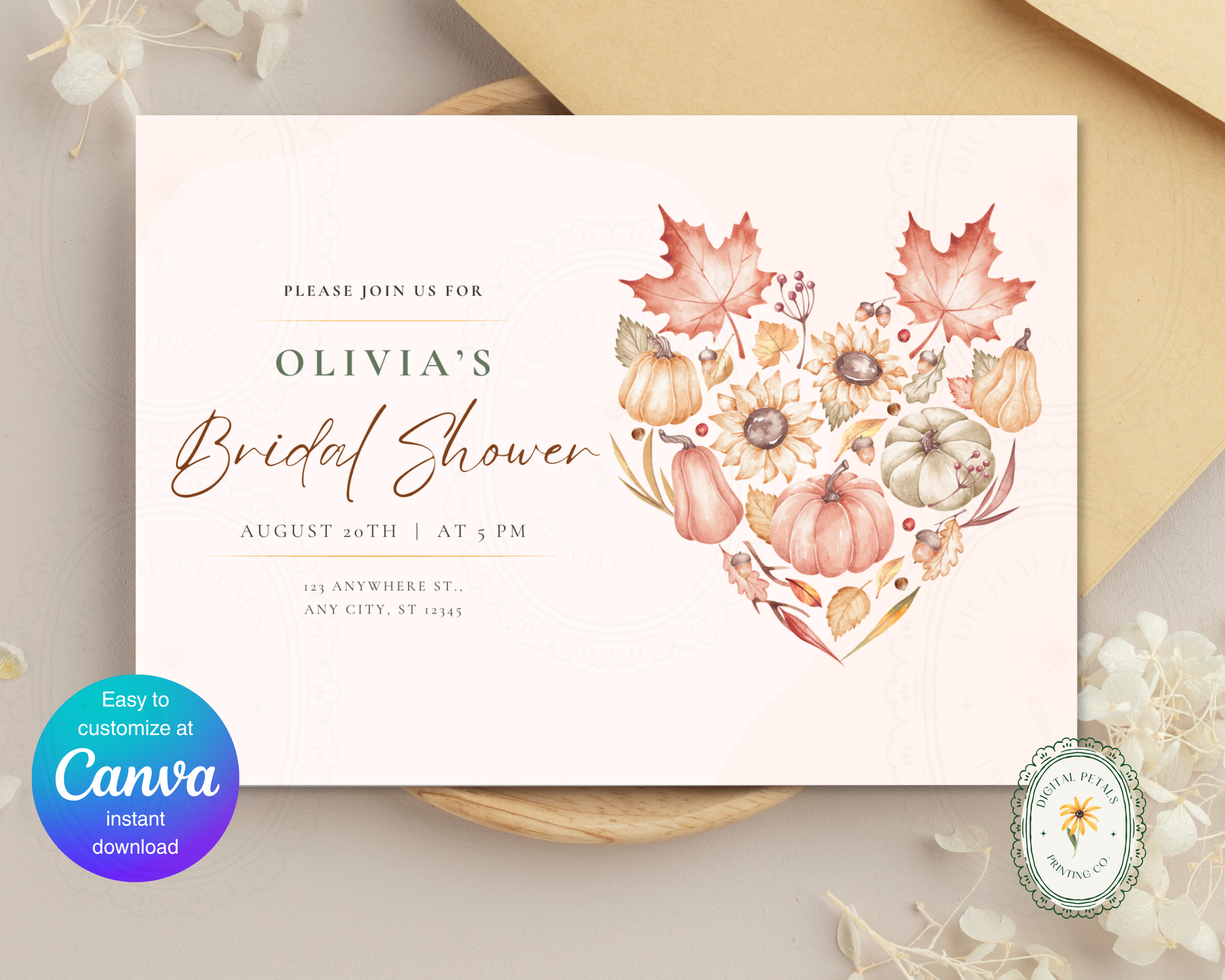 Autumn Maple Leaves Fall Bridal Shower Invitation | Printable Landscape Template | Digital Download