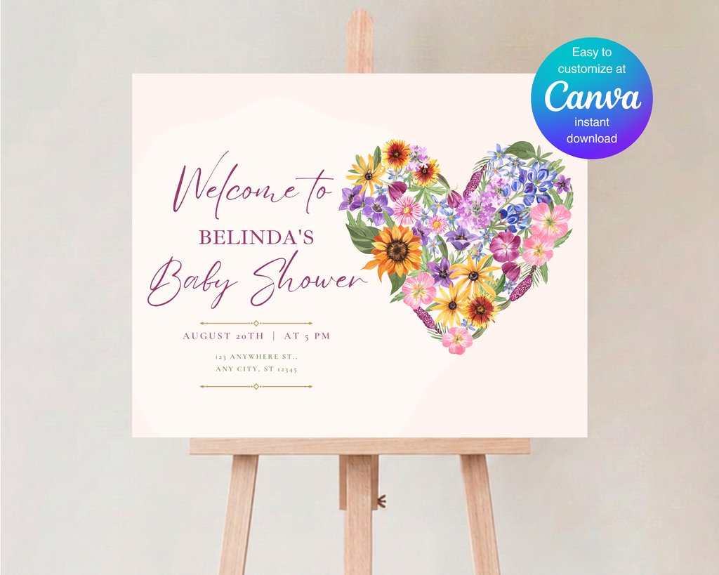 Wildflower Baby Shower Welcome Sign | Boho Floral Heart Border | Editable Canva Digital Download | Print at Home