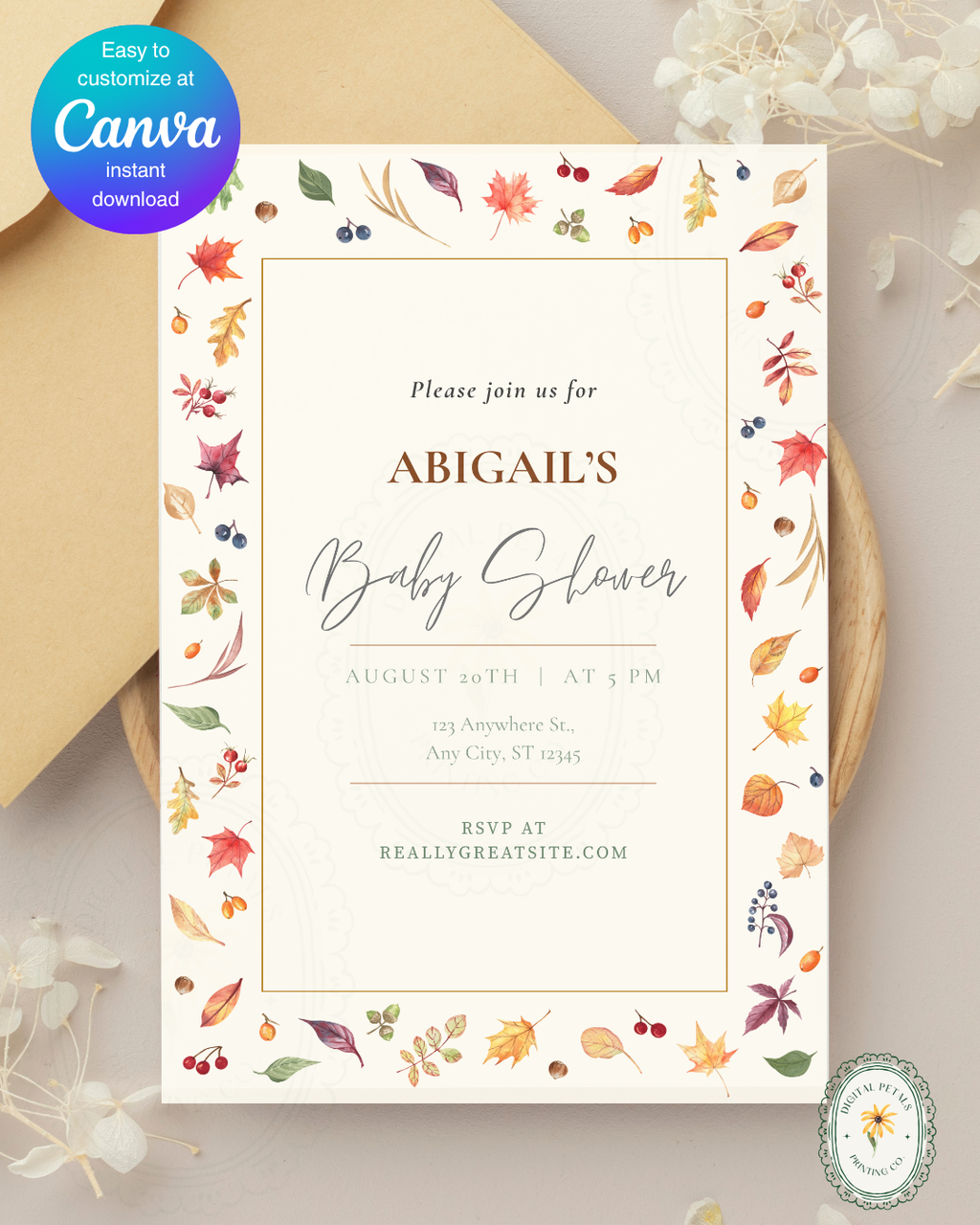 Fall Leaves Baby Shower Invitation Template | Terracotta & Cream | Digital Download