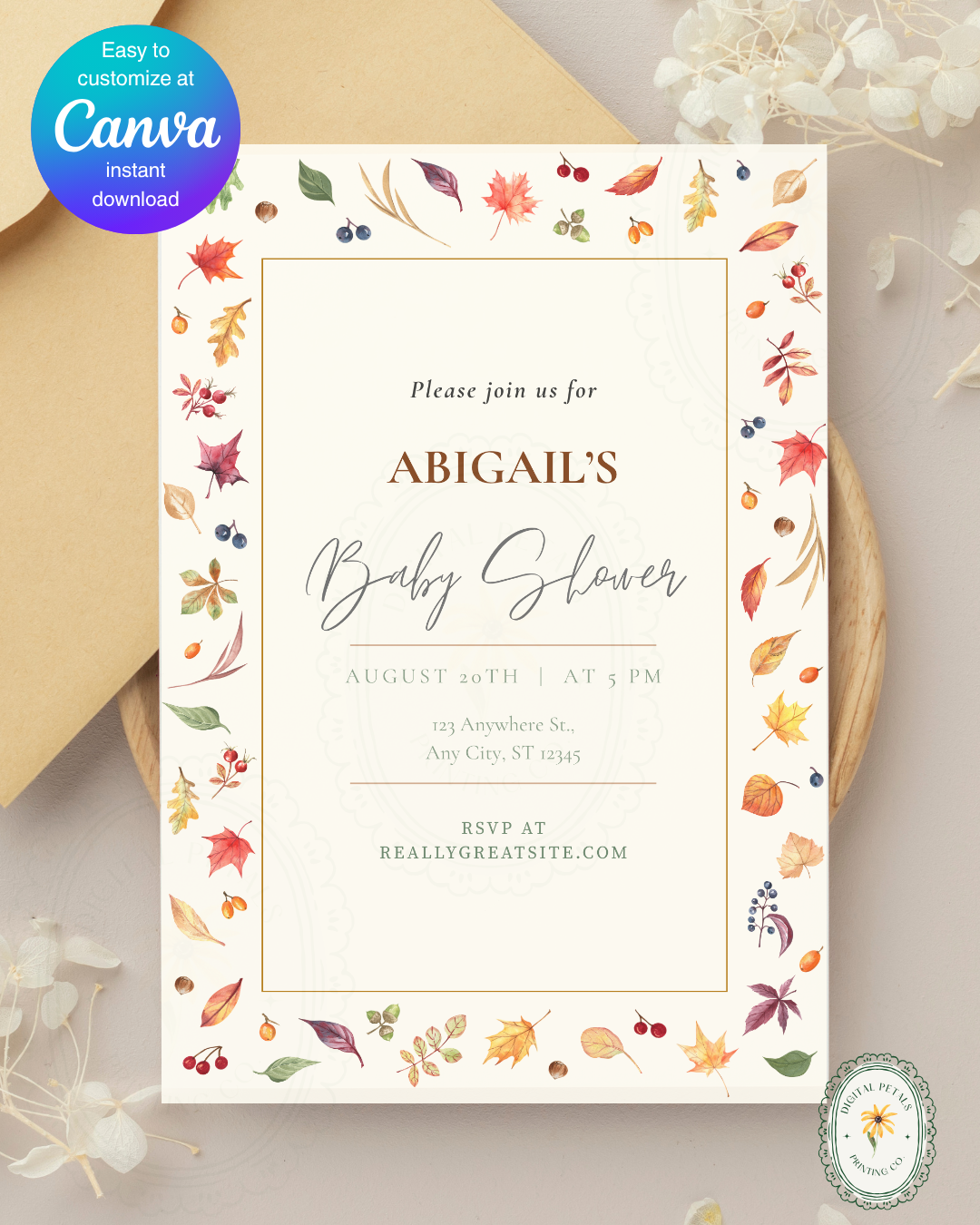 Fall Leaves Baby Shower Invitation Template | Terracotta & Cream | Digital Download