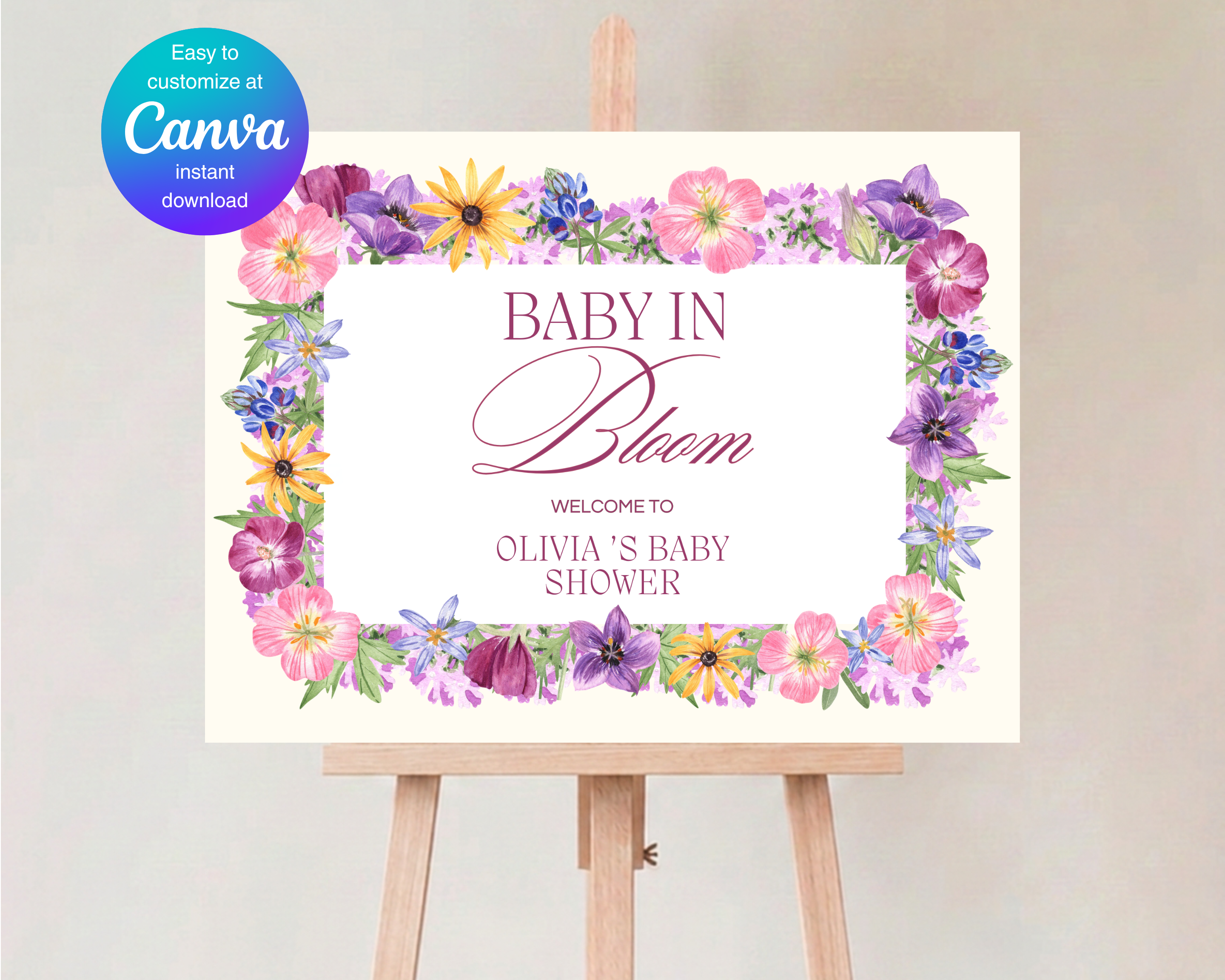 Baby Shower Garden Party Welcome Sign Wildflower Template | Editable Canva Digital Download