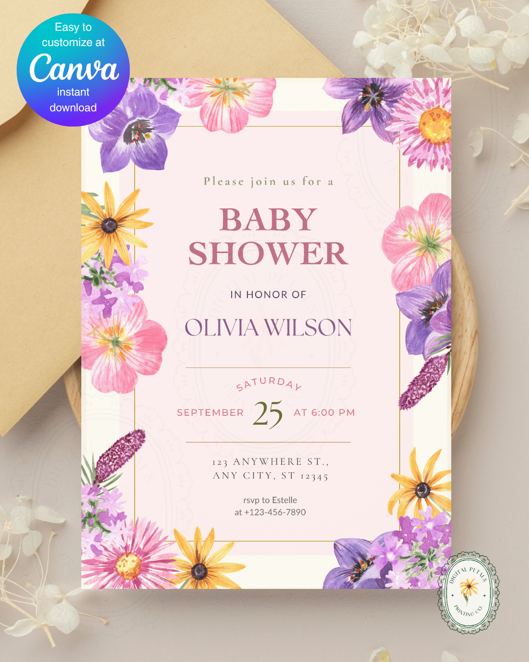 Pink Cottagecore Wildflower Baby Shower Invitation | Editable Canva Template, Spring Floral