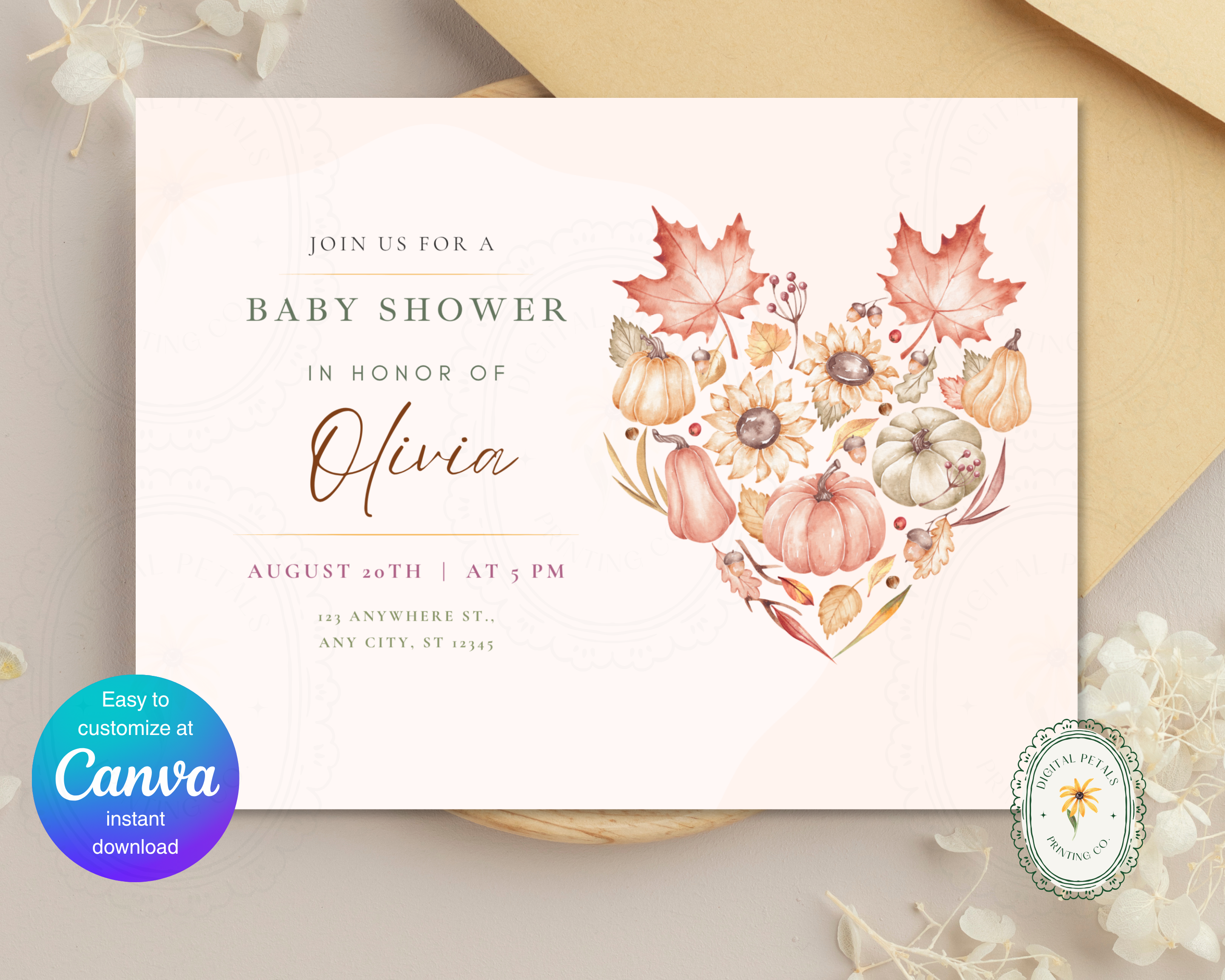Leaves of Fall Baby Shower Invitation | Autumn Landscape Digital Download | Canva Editable