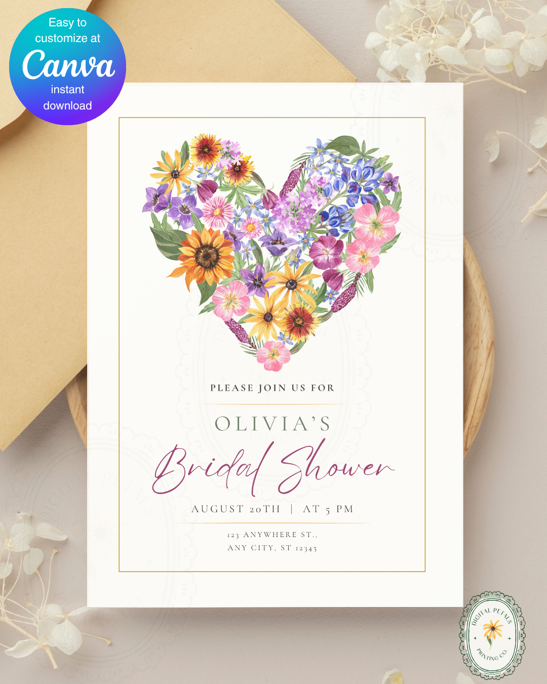 Boho Wildflower Heart Bridal Shower Invitation — Editable Digital Download Template