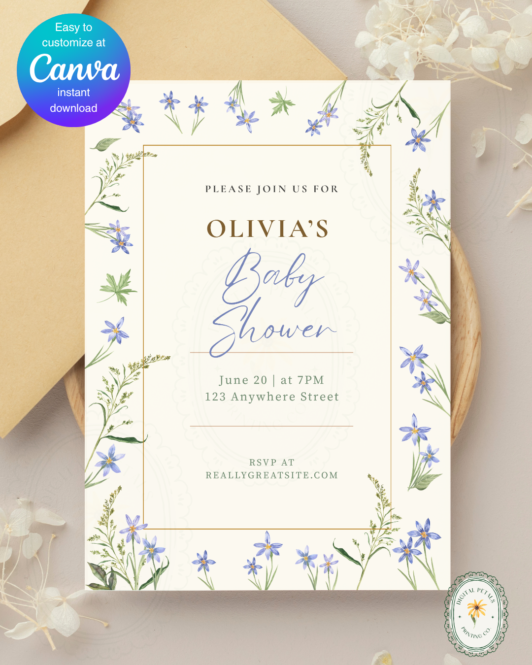 Dusty Blue Floral Border Baby Shower Invitation Template | Editable Digital Download