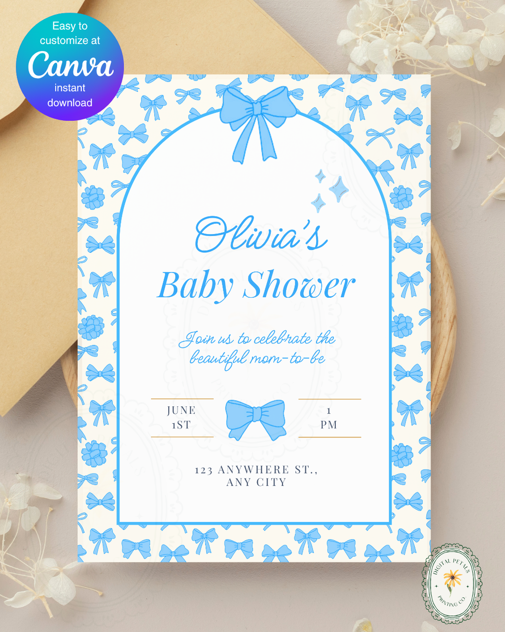 Baby Shower Invitation Template | Powder Blue Ribbons & Bows | Canva Editable