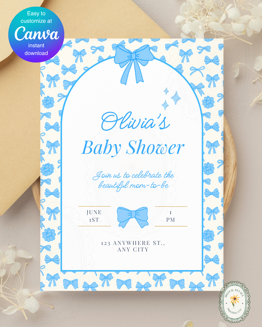 Baby Shower Invitation Template | Powder Blue Ribbons & Bows | Canva Editable