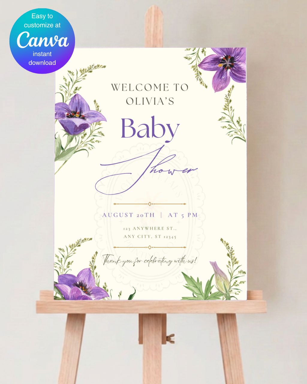 Violet & Periwinkle Wildflower Baby Shower Welcome Sign | Editable Canva Template | Digital Download