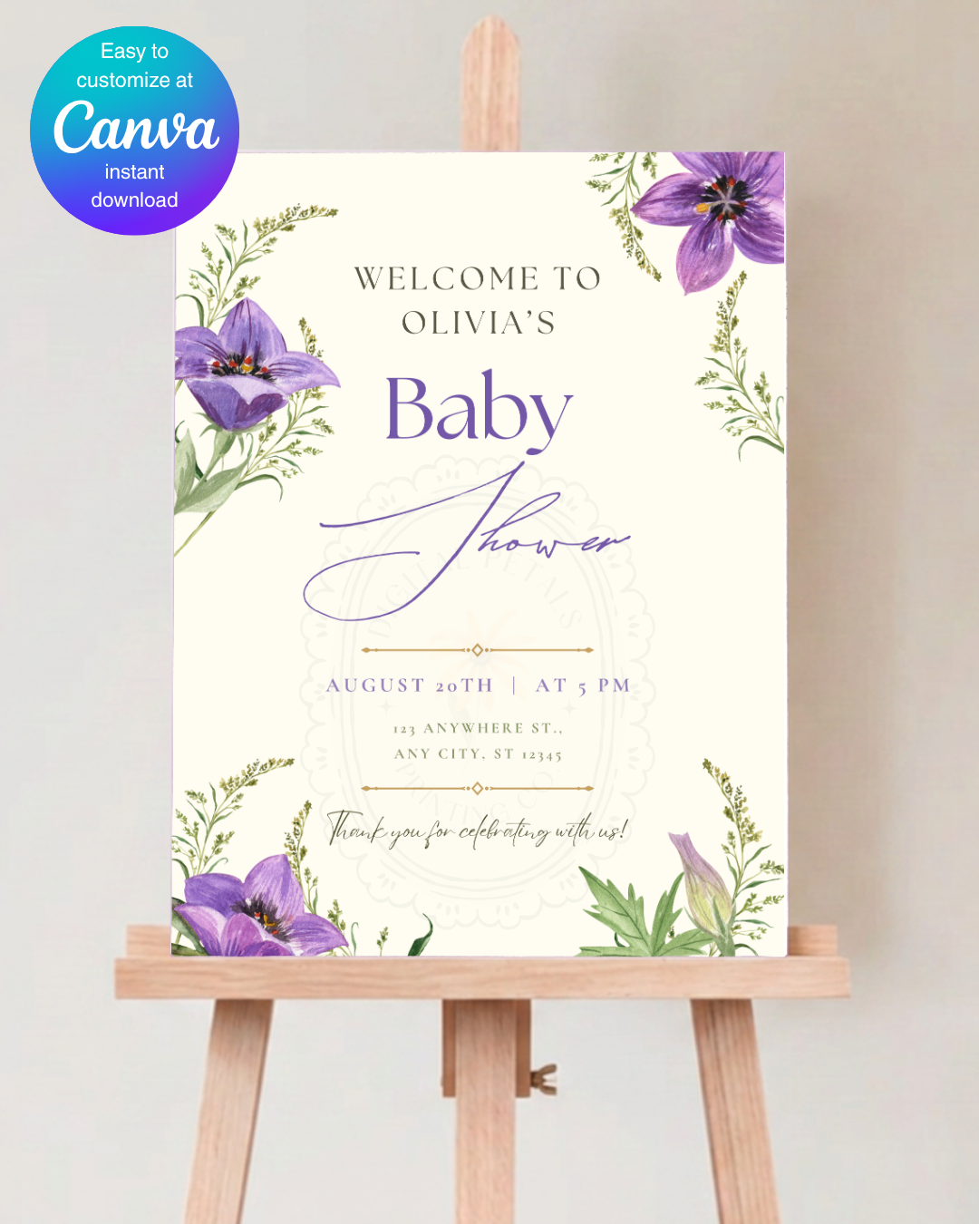 Violet & Periwinkle Wildflower Baby Shower Welcome Sign | Editable Canva Template | Digital Download