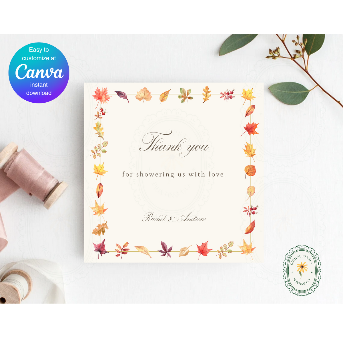 Autumn Boho Wildflower Thank You Card Template | Editable Canva Digital Download