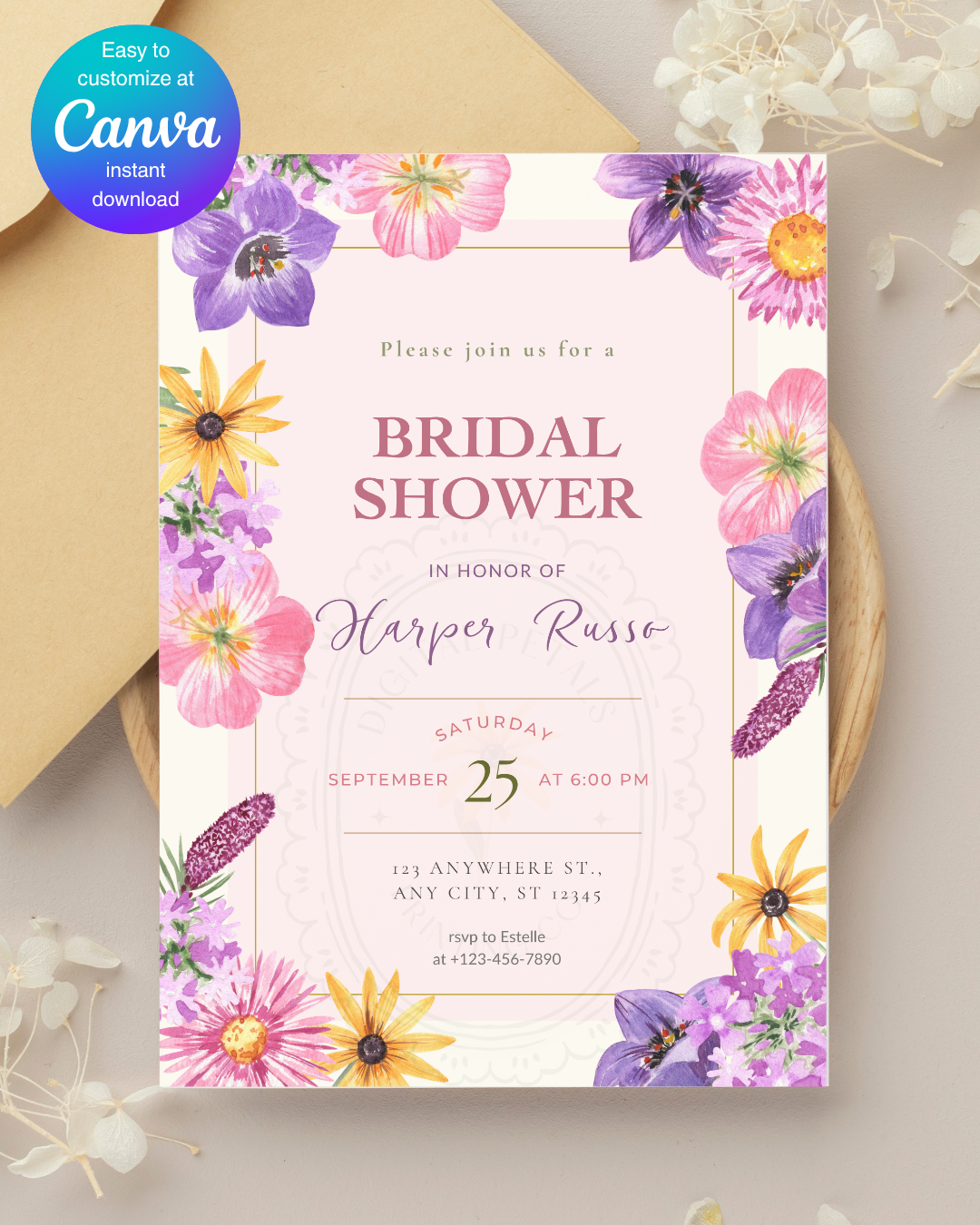 Wildflower Cottagecore Bridal Shower Invitation | Editable Canva Template, Floral Spring Botanical