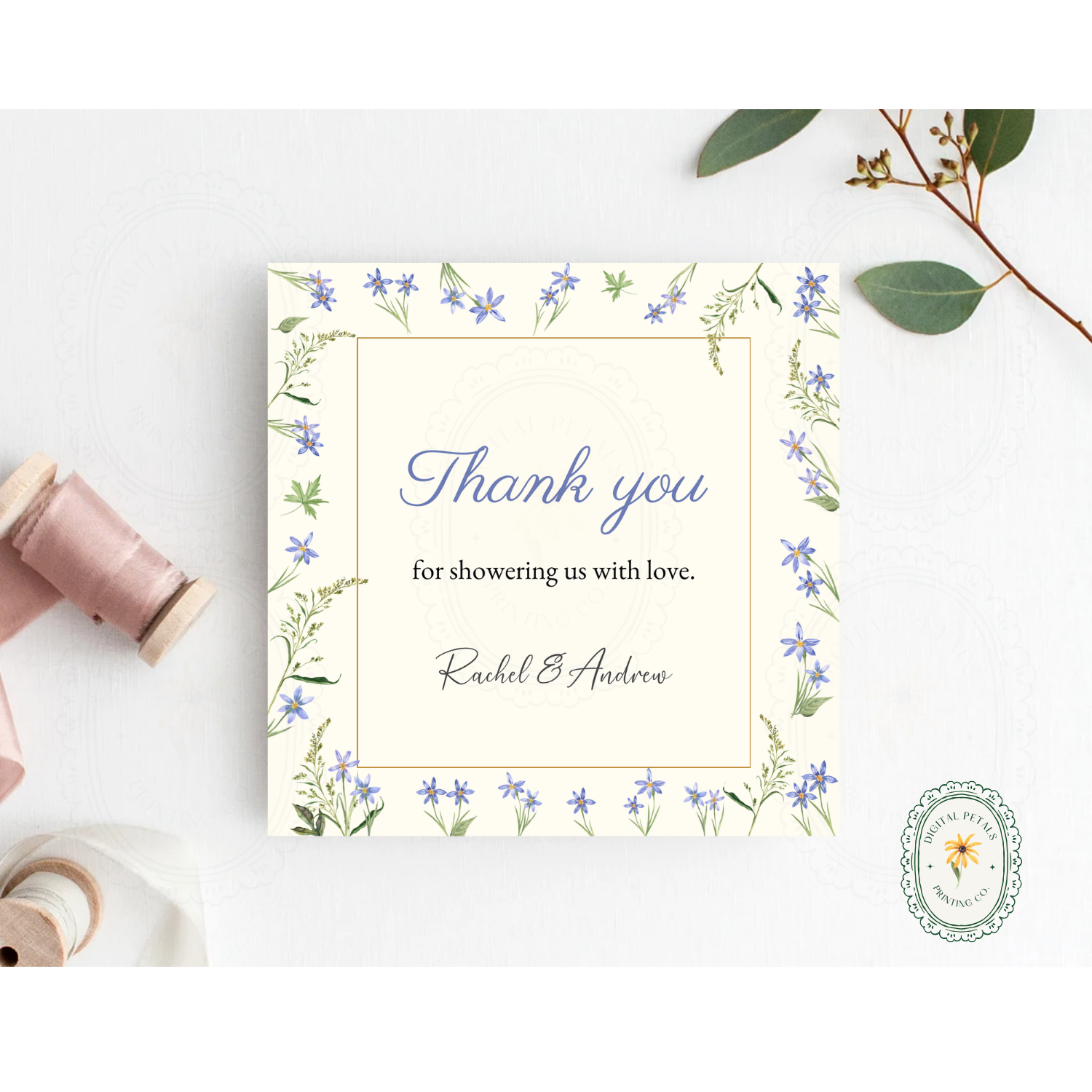 Dusty Blue Floral Border Thank You Card Template | Editable Canva Digital Download