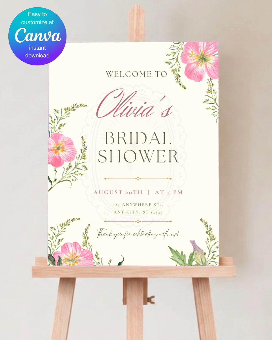 Dusty Rose & Blush Pink Wildflower Bridal Shower Welcome Sign | Editable Canva Template | Digital Download