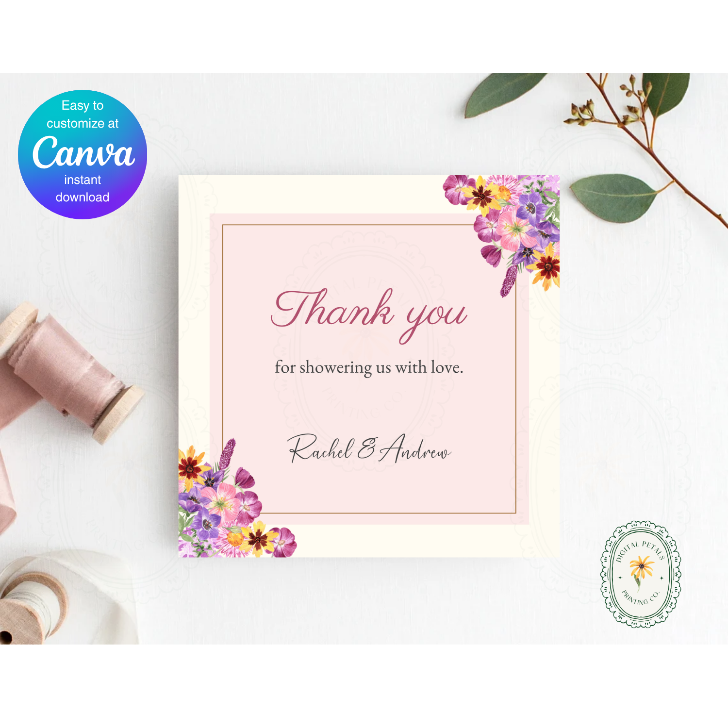 Spring Boho Thank You Card Template | Editable Canva Digital Download