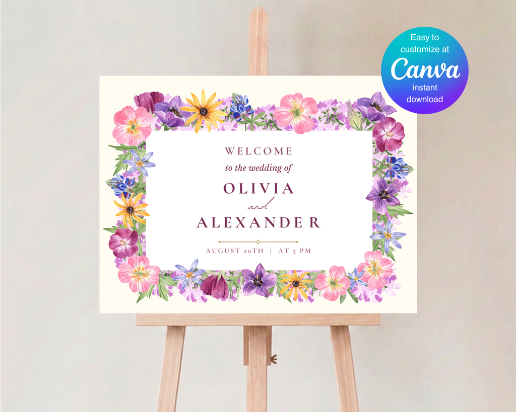 Garden Party Wedding Welcome Sign | Pressed Flower Aesthetic | Editable Canva Template