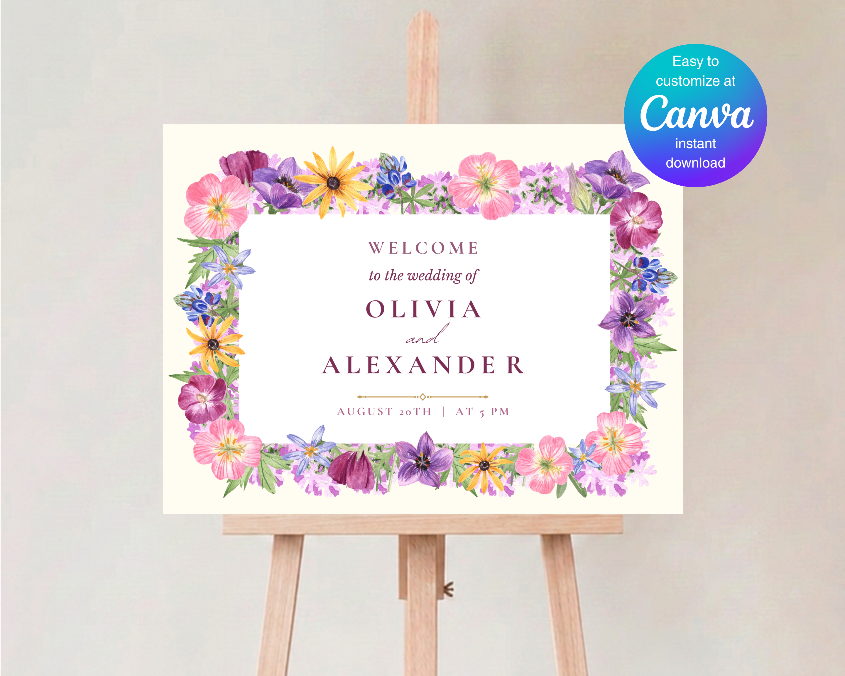 Garden Party Wedding Welcome Sign | Pressed Flower Aesthetic | Editable Canva Template