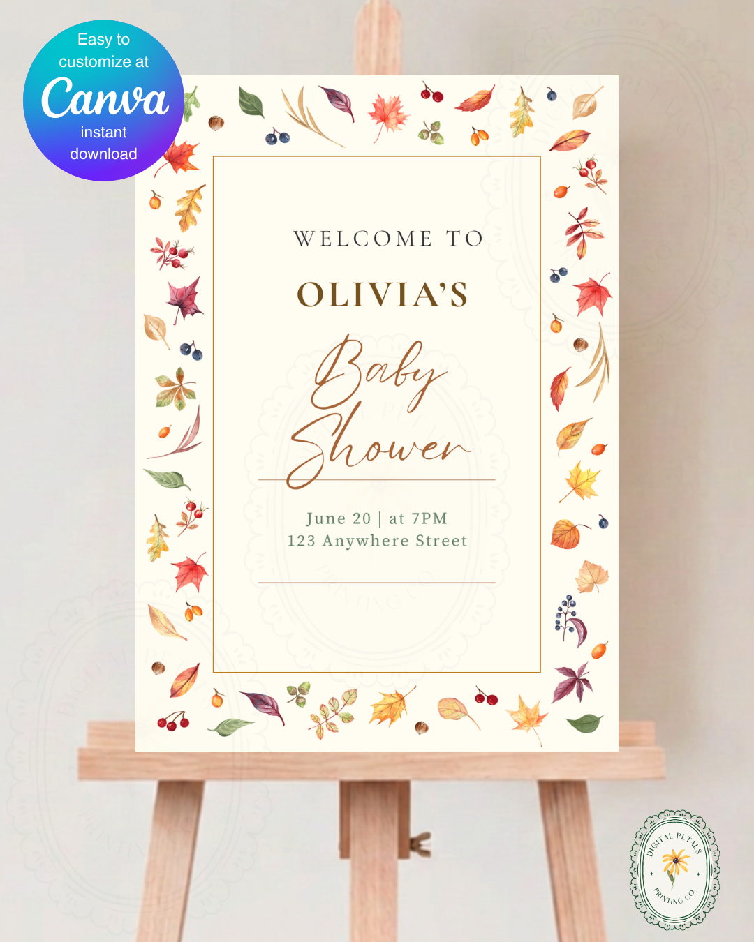 Terracotta & Cream Fall Leaves Baby Shower Welcome Sign | Editable Canva Template | Digital Download
