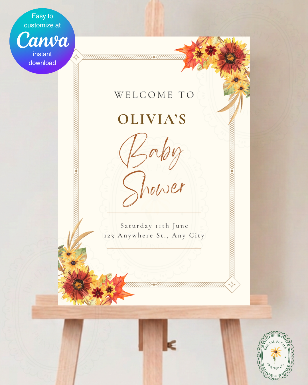 Rustic Fall Wildflowers Baby Shower Welcome Sign Template | Hand Painted Cottagecore Digital Download