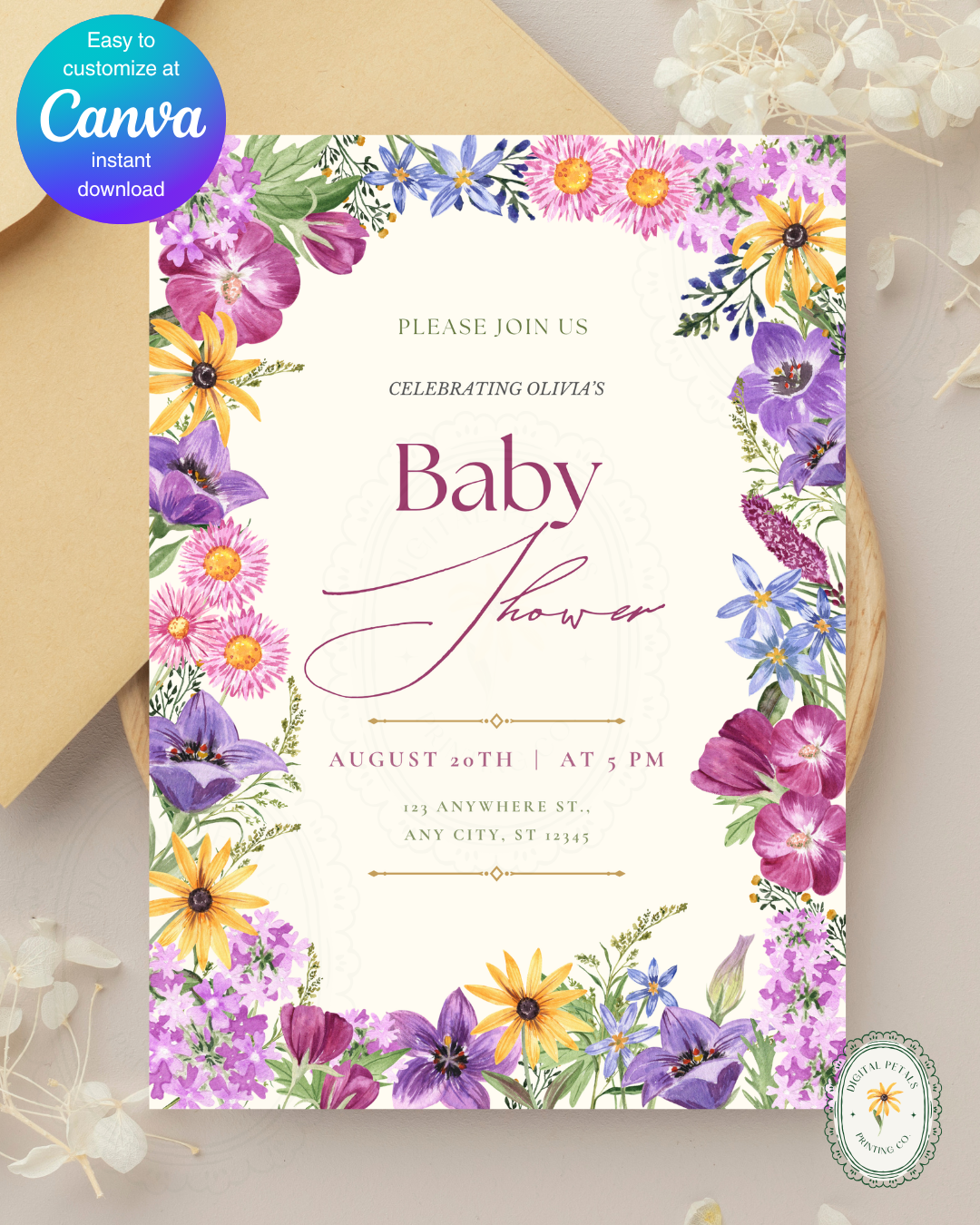 Boho Wildflower Baby Shower Invitation | Printable Floral Invite | Digital Download