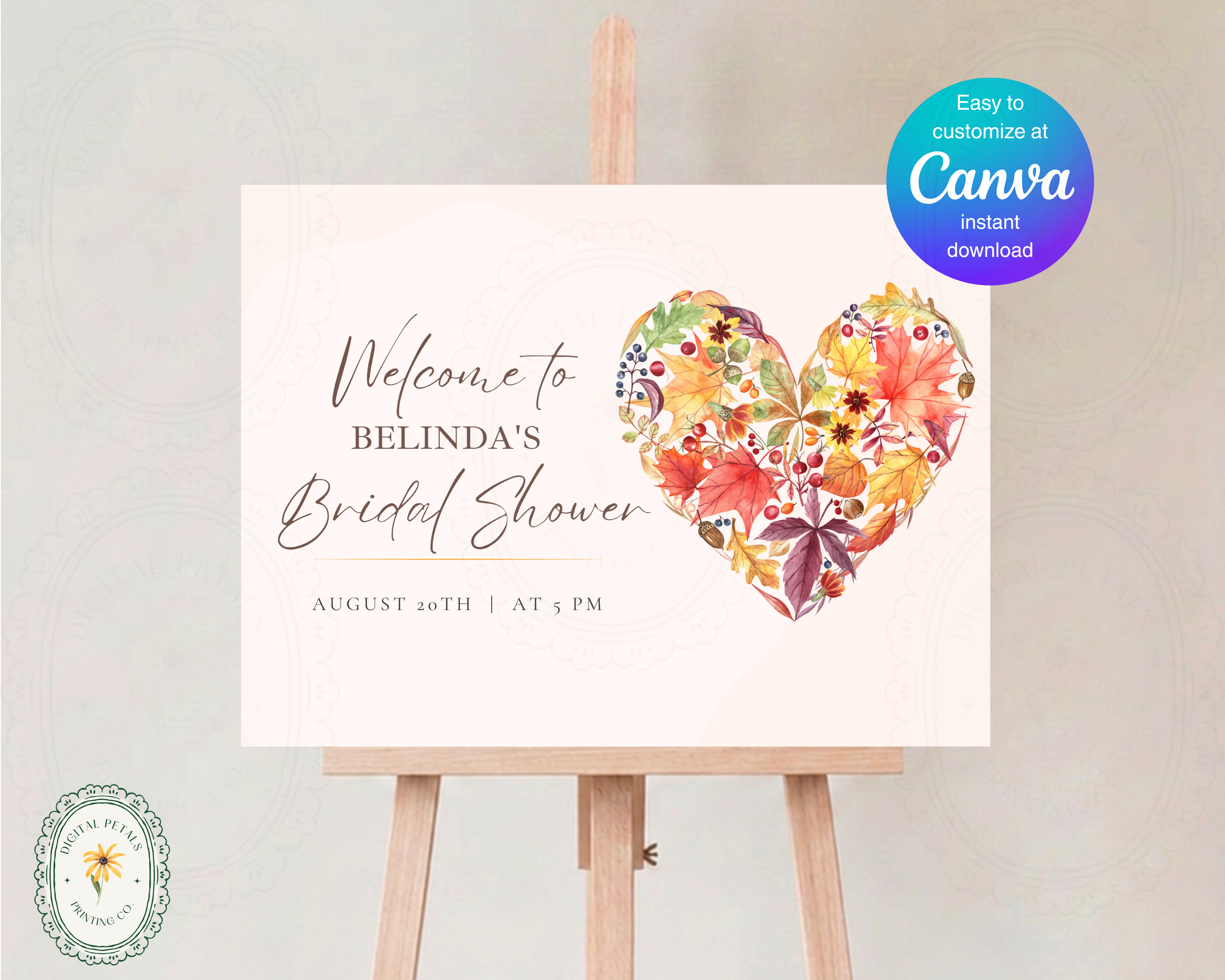 Fall Wildflower Bridal Shower Welcome Sign | Boho Heart Border | Editable Canva Digital Download | Print at Home